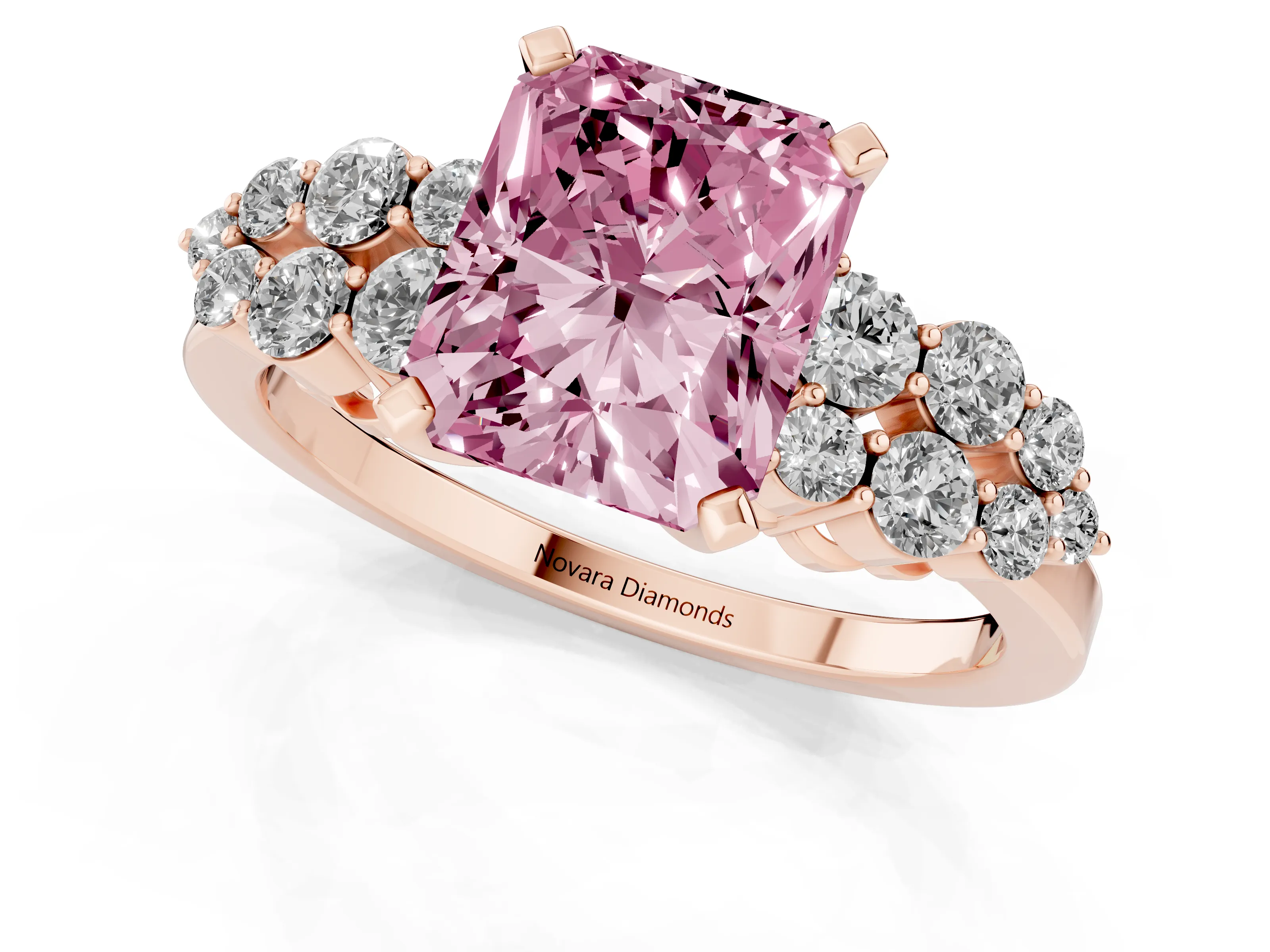 Fancy Pink Radiant Cut Diamond Cluster Engagement Ring Set in Rose gold with Pavé Band and Prong Setting