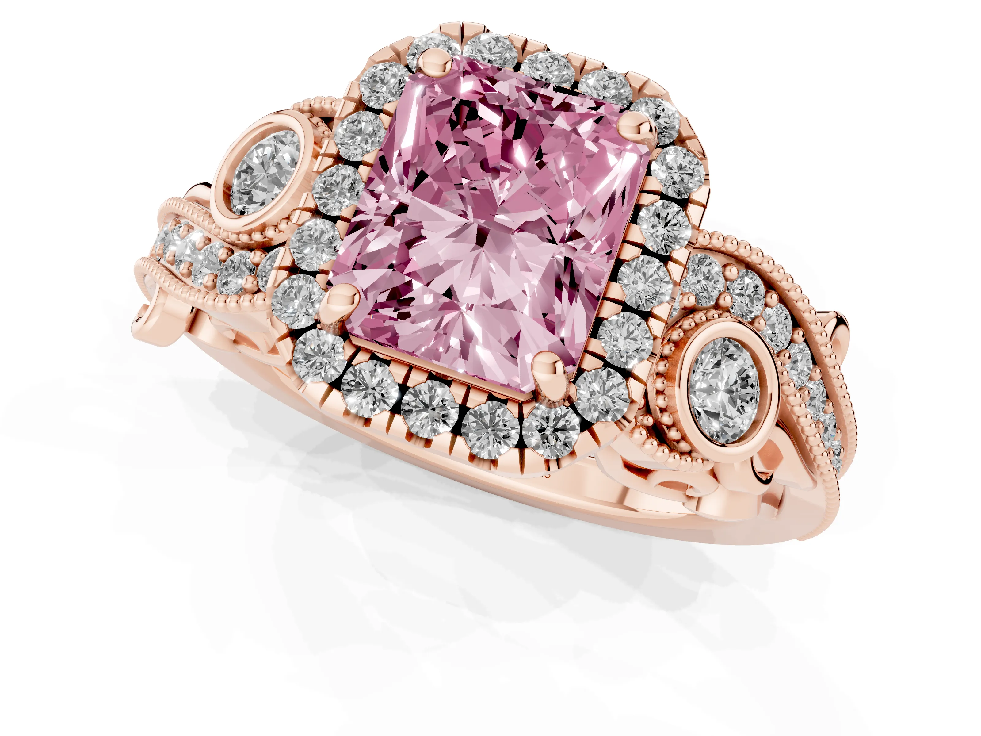 Fancy Pink Radiant Cut Diamond Halo Ring Set in Rose gold with Milgrain Pavé Band and Prong Setting