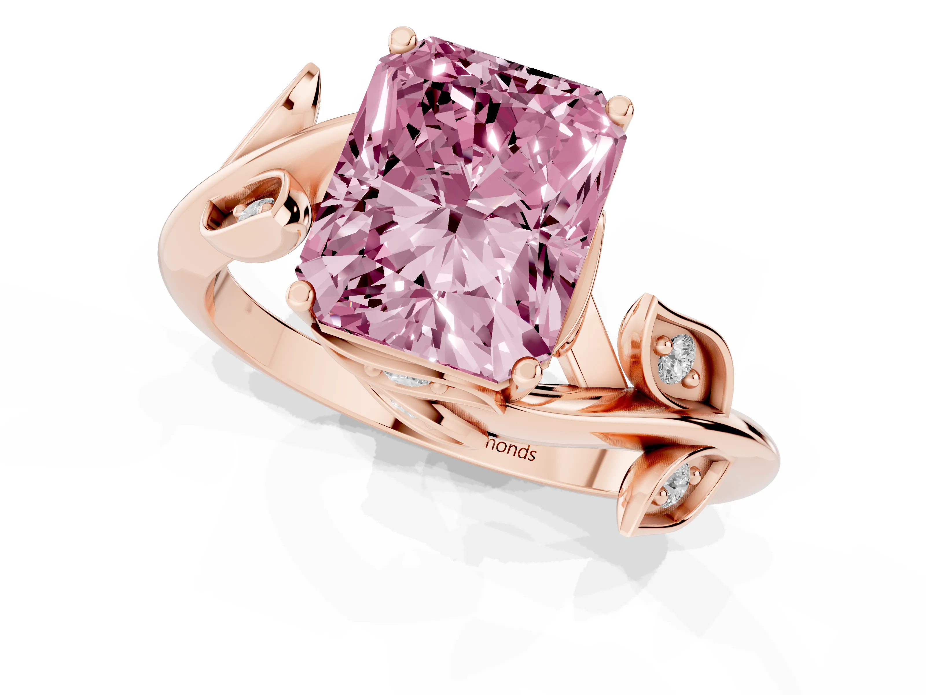 Fancy Pink Radiant Cut Diamond Solitaire Twist Engagement Ring Set in Rose gold with Pavé Leaf Accents