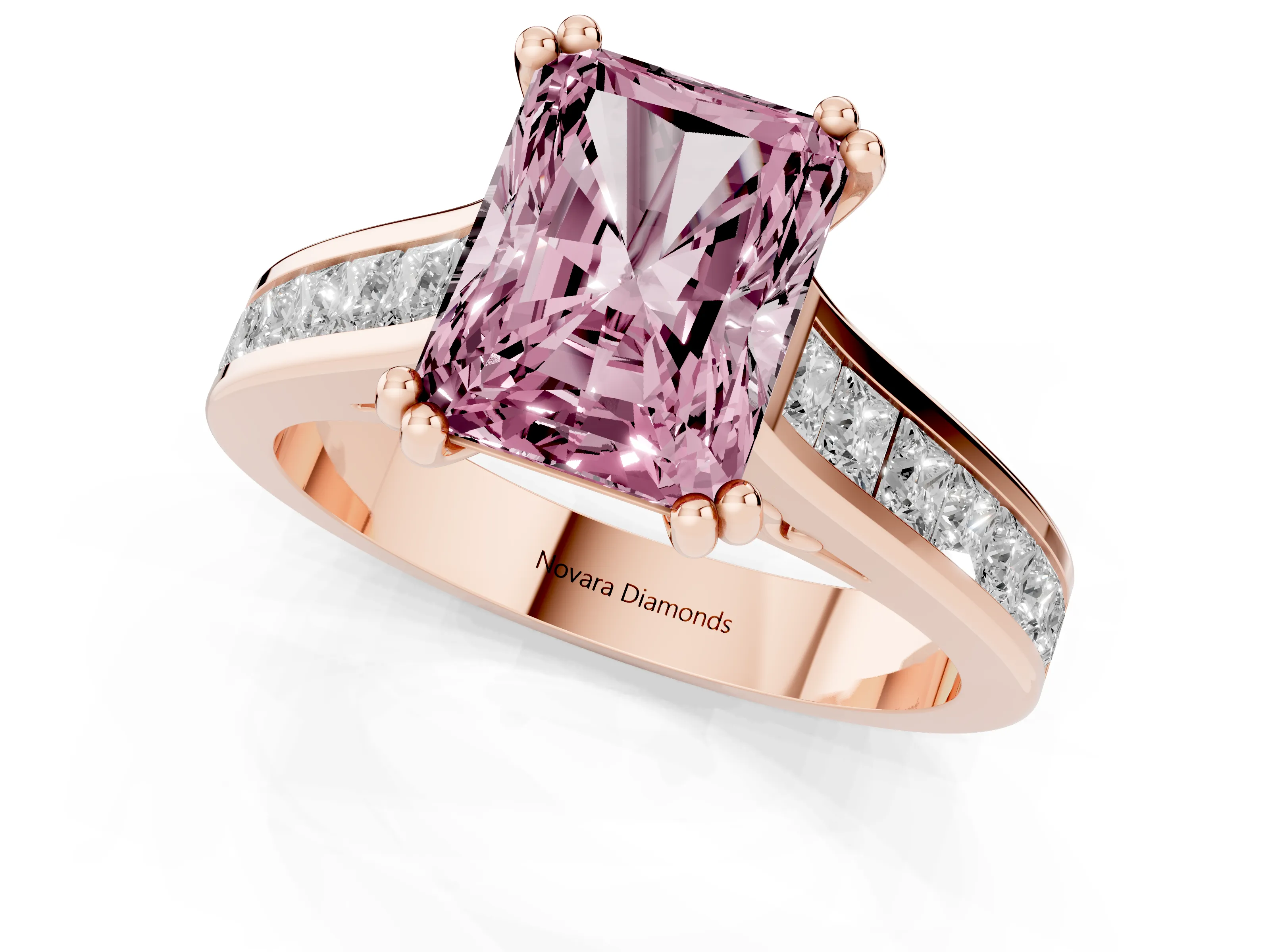 Fancy Pink Radiant Cut Diamond Channel Set Solitaire Engagement Ring Set in Rose gold with Prong Setting