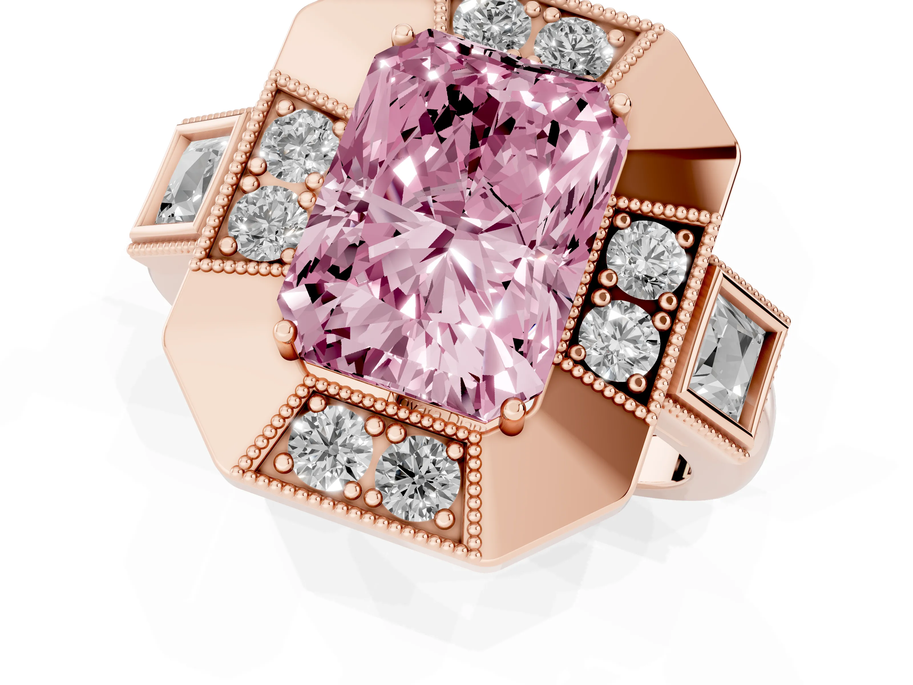 Fancy Pink Radiant Cut Diamond Milgrain Halo Ring Set in Rose gold with Split Shank