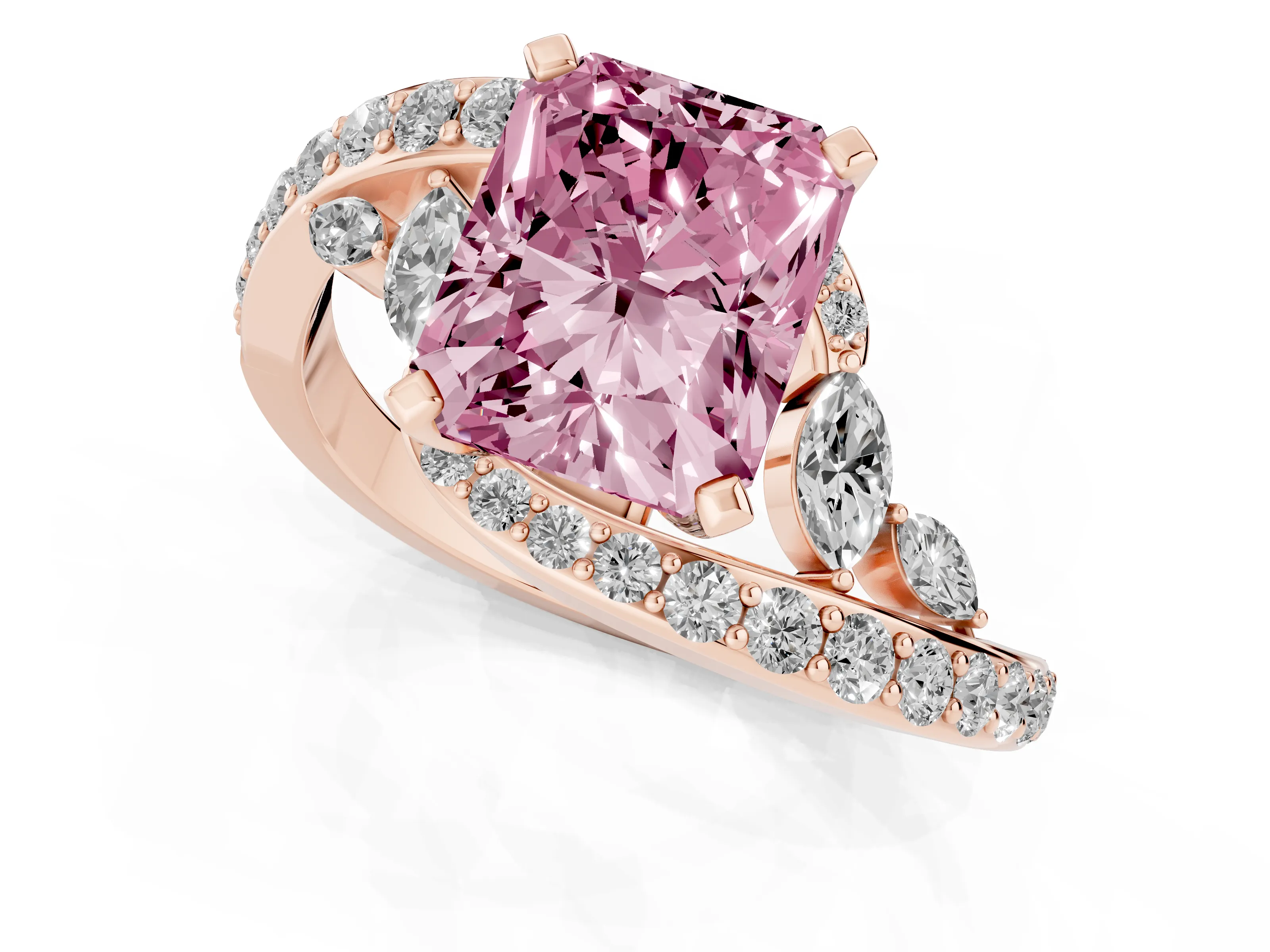 Fancy Pink Radiant Cut Diamond Solitaire Ring Set in Rose gold with Pavé Twist Band and Secure Prong Setting