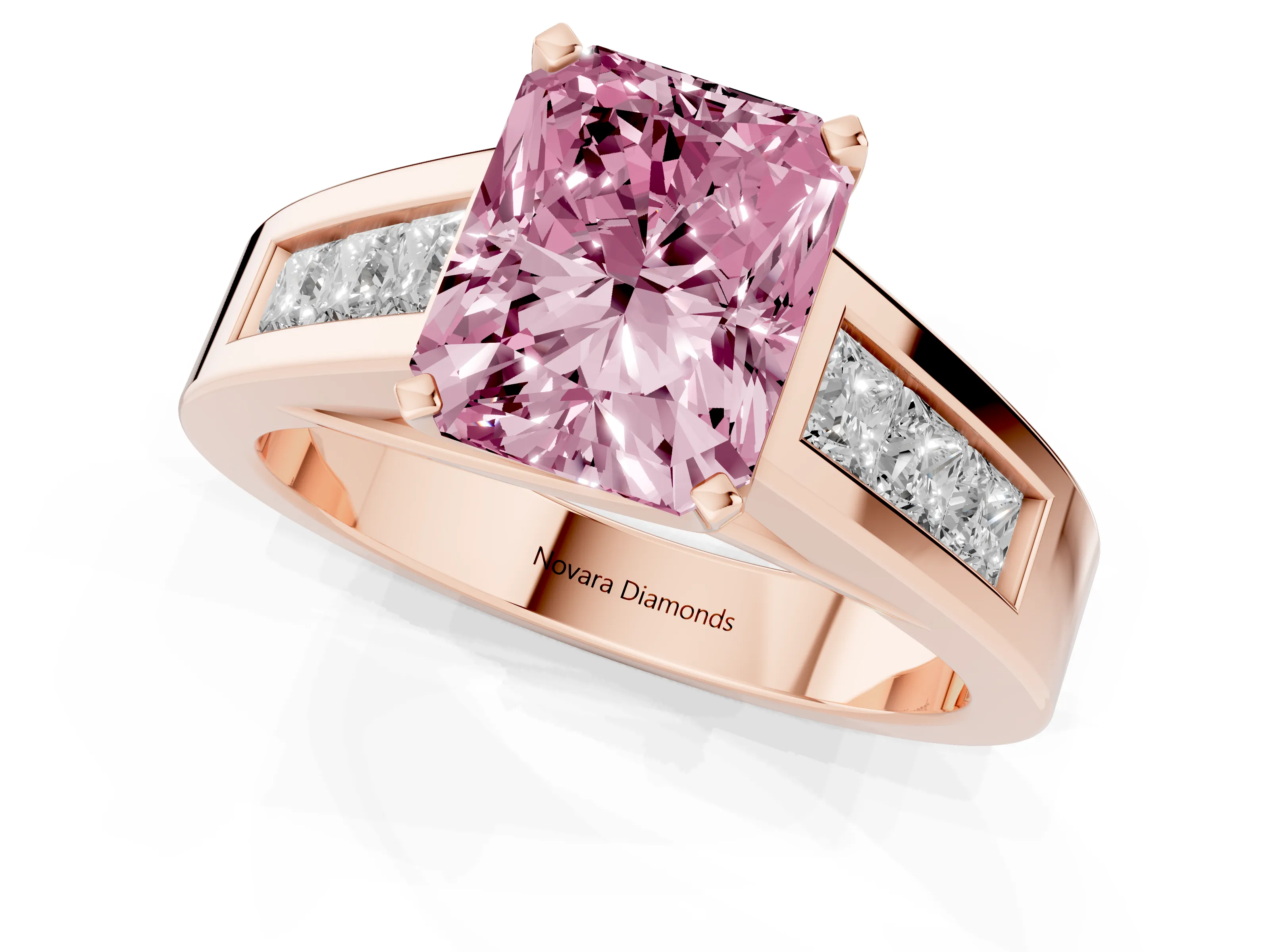 Fancy Pink Radiant Cut Diamond Solitaire Ring Set in Rose gold with Channel-Set Accent Stones and Prong Setting