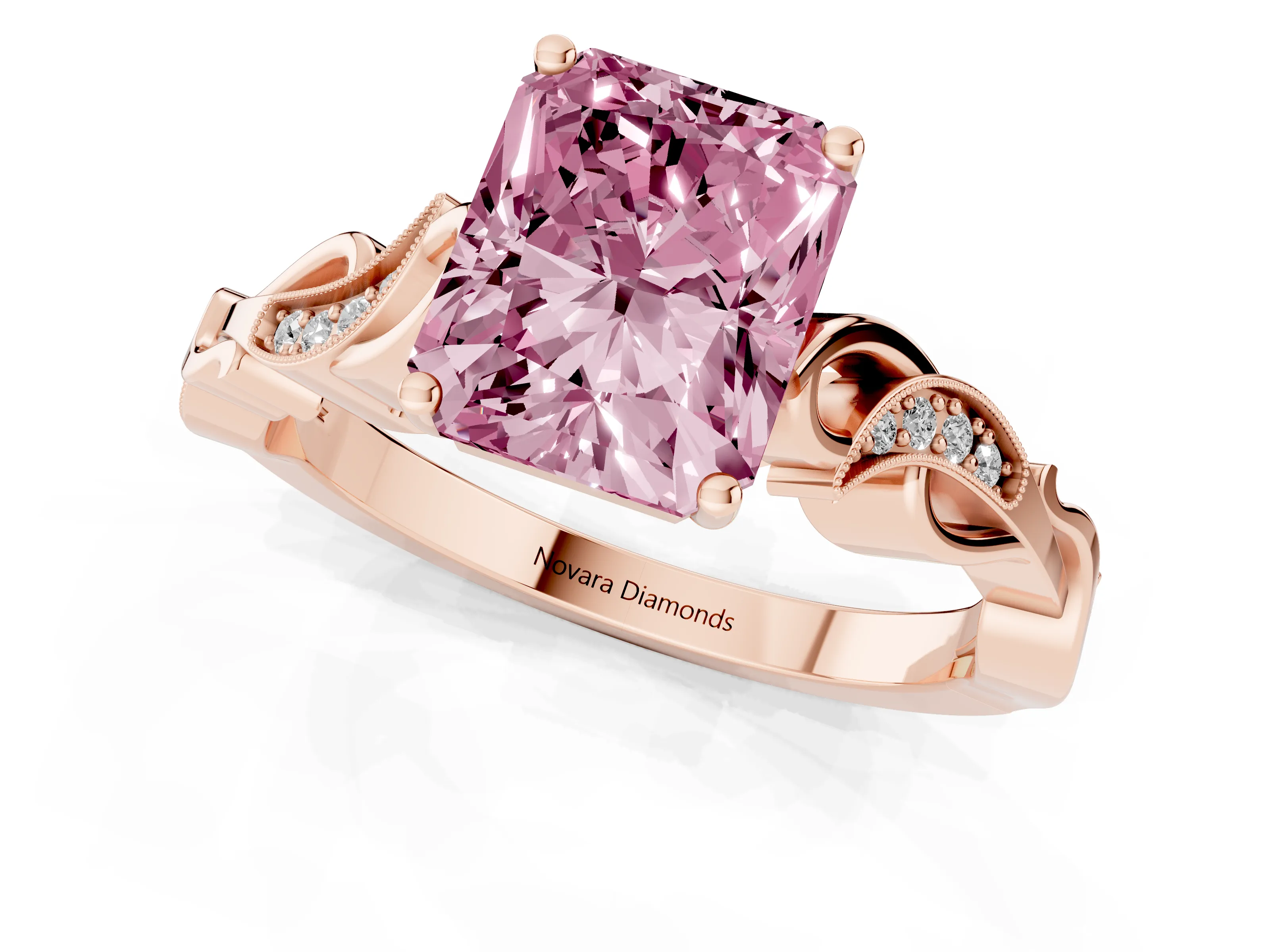 Fancy Pink Radiant Cut Diamond Vine Band Solitaire Ring Set in Rose gold with Milgrain Prong Setting