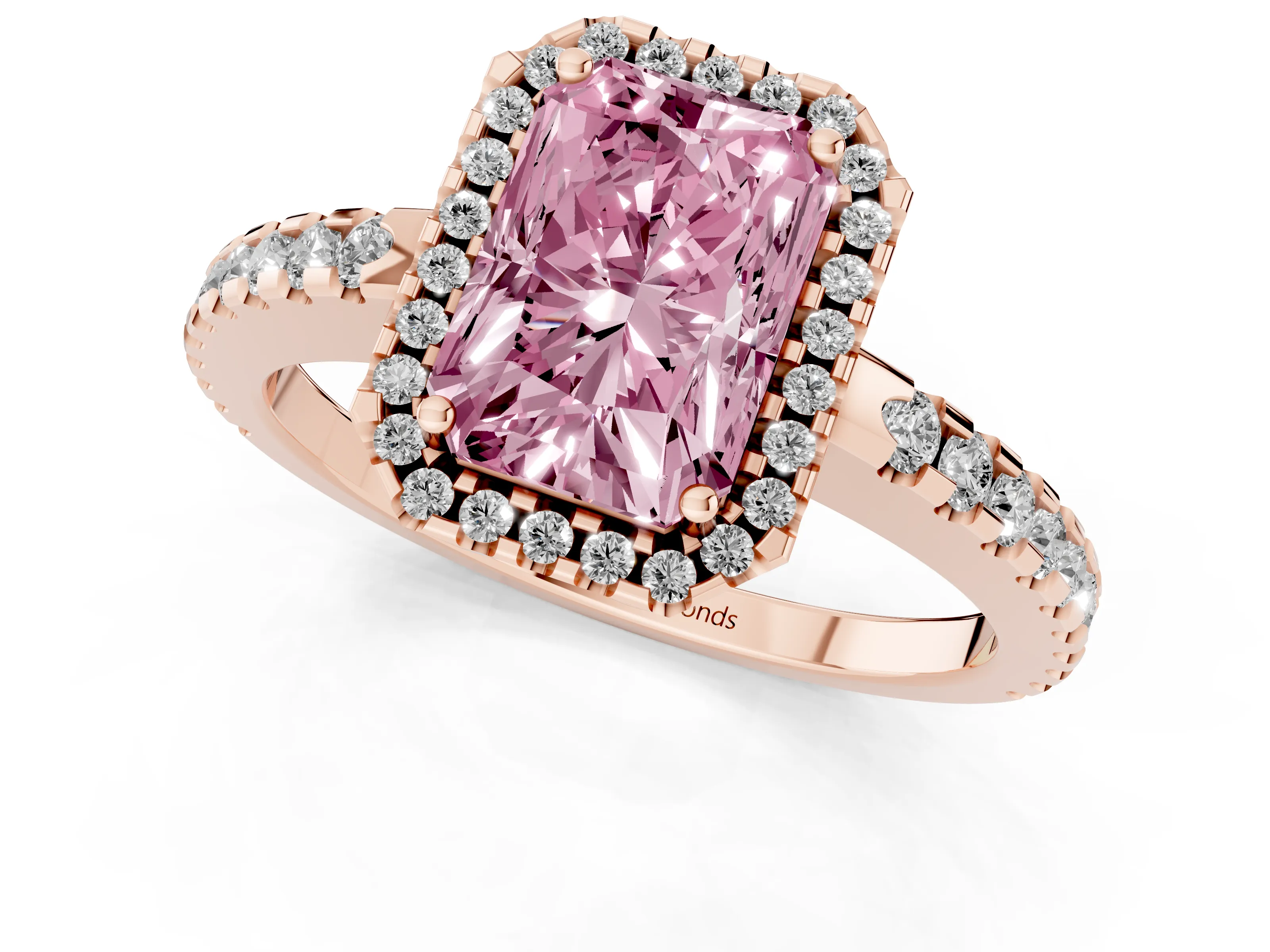 Fancy Pink Radiant Cut Diamond Halo Ring Set in Rose gold with Pavé Shoulders and Halo-Framed Center