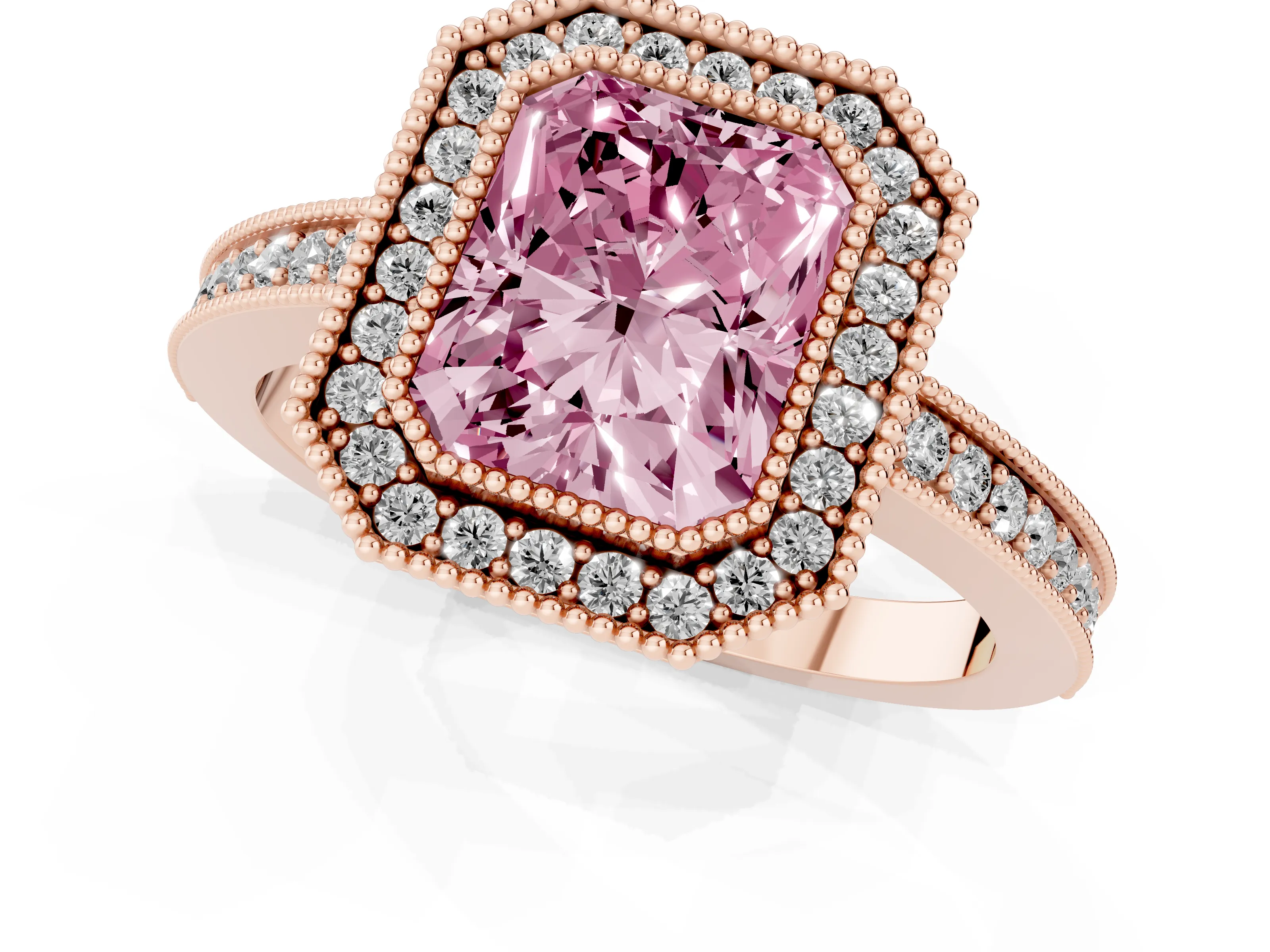 Fancy Pink Radiant Cut Diamond Round Halo Ring Set in Rose gold with Pavé Band