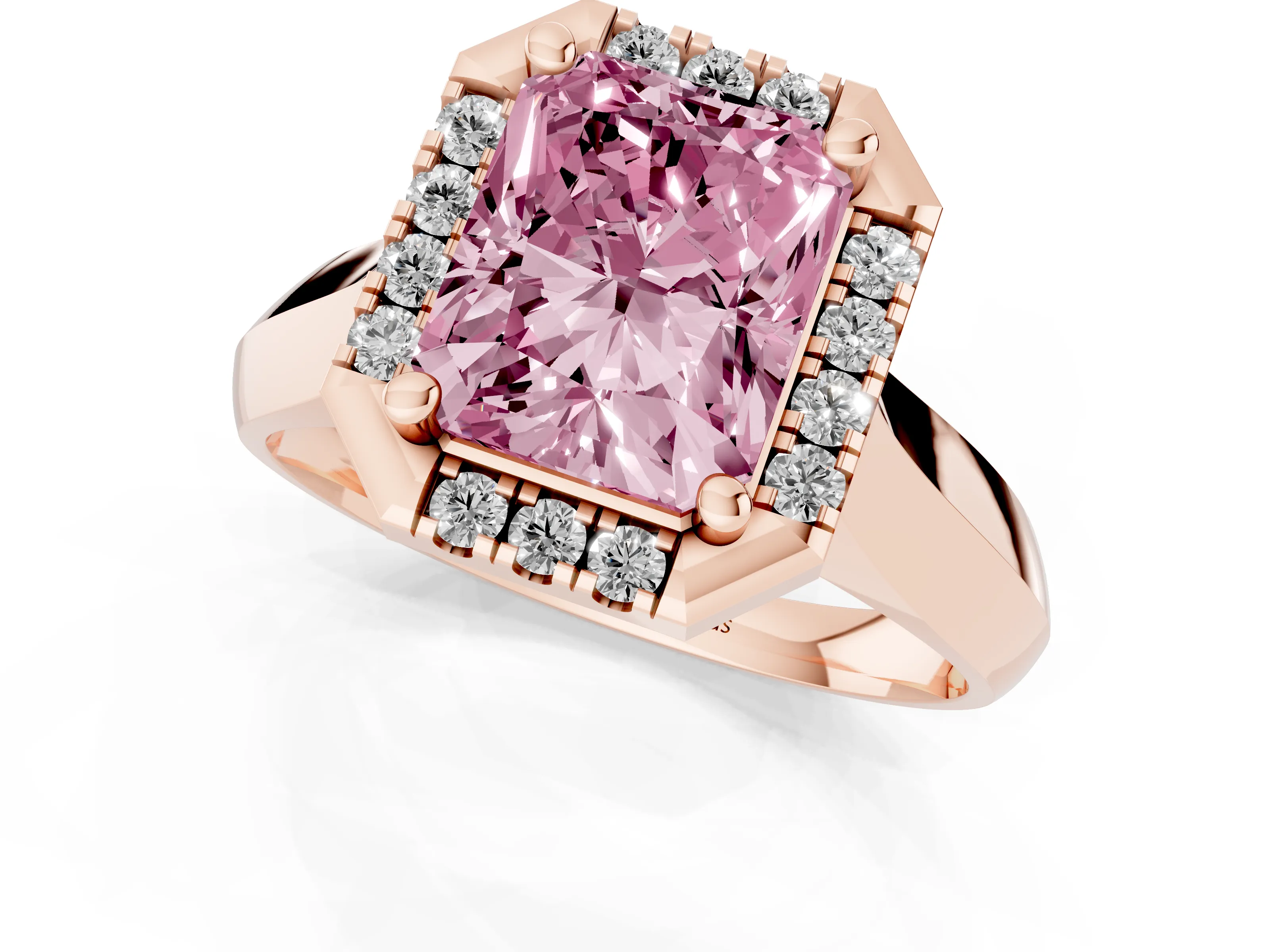 Fancy Pink Radiant Cut Diamond Halo Solitaire Engagement Ring Set in Rose gold with Square Band and Prong Setting