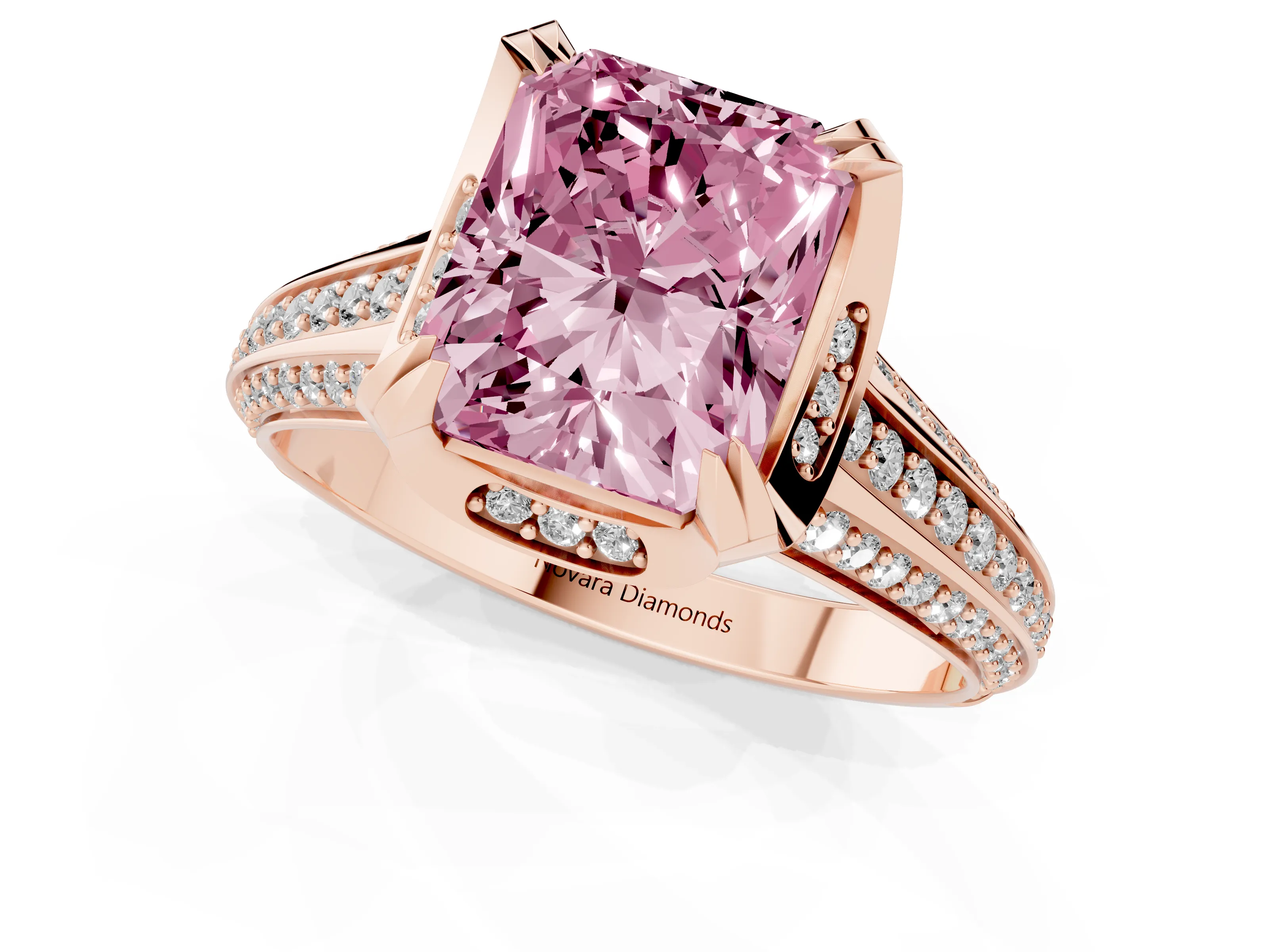 Fancy Pink Radiant Cut Diamond Pavé Split Shank Solitaire Ring Set in Rose gold with Prong Setting