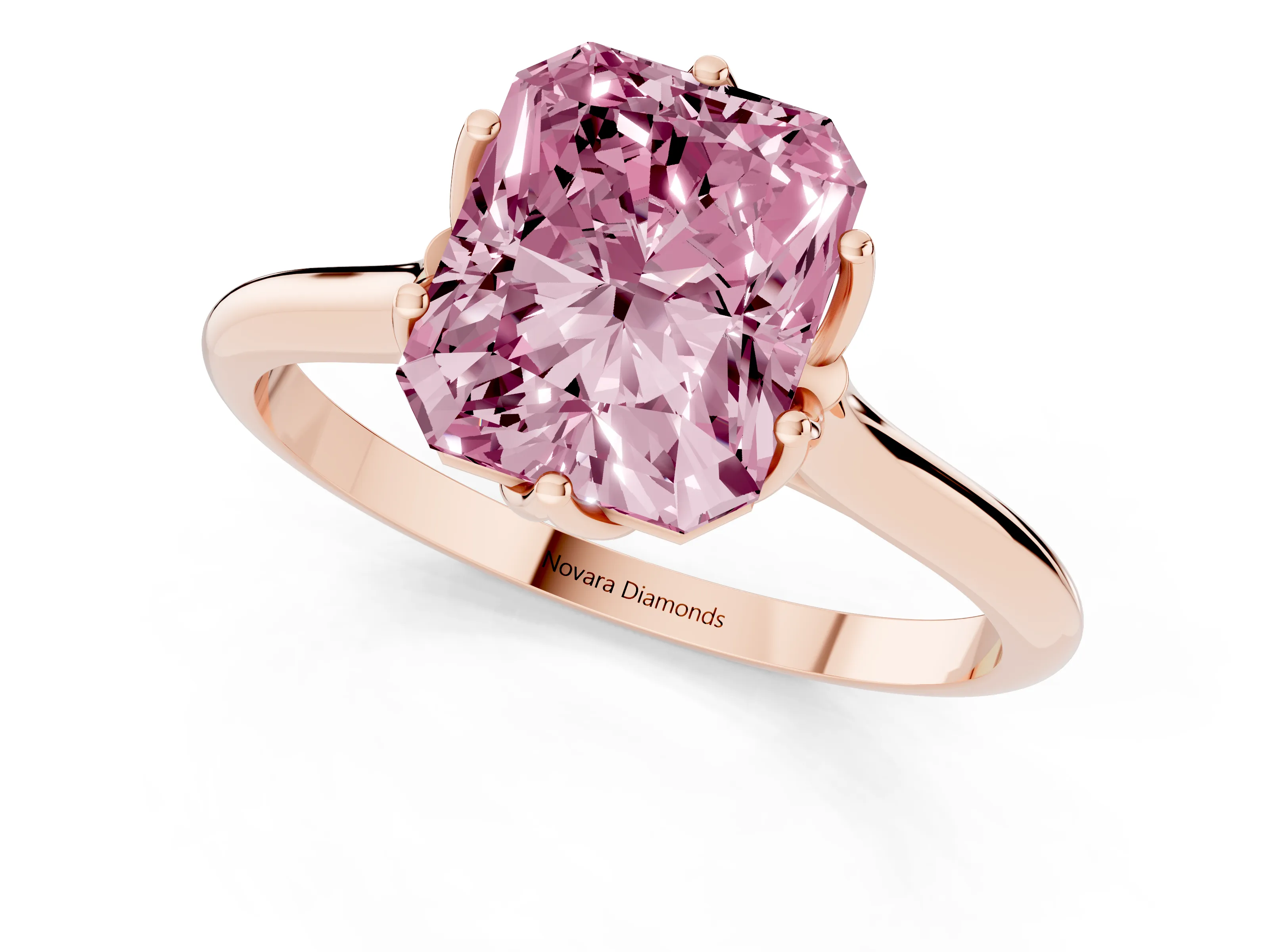 Fancy Pink Radiant Cut Diamond Solitaire Cathedral Ring Set in Rose gold with Prong Setting