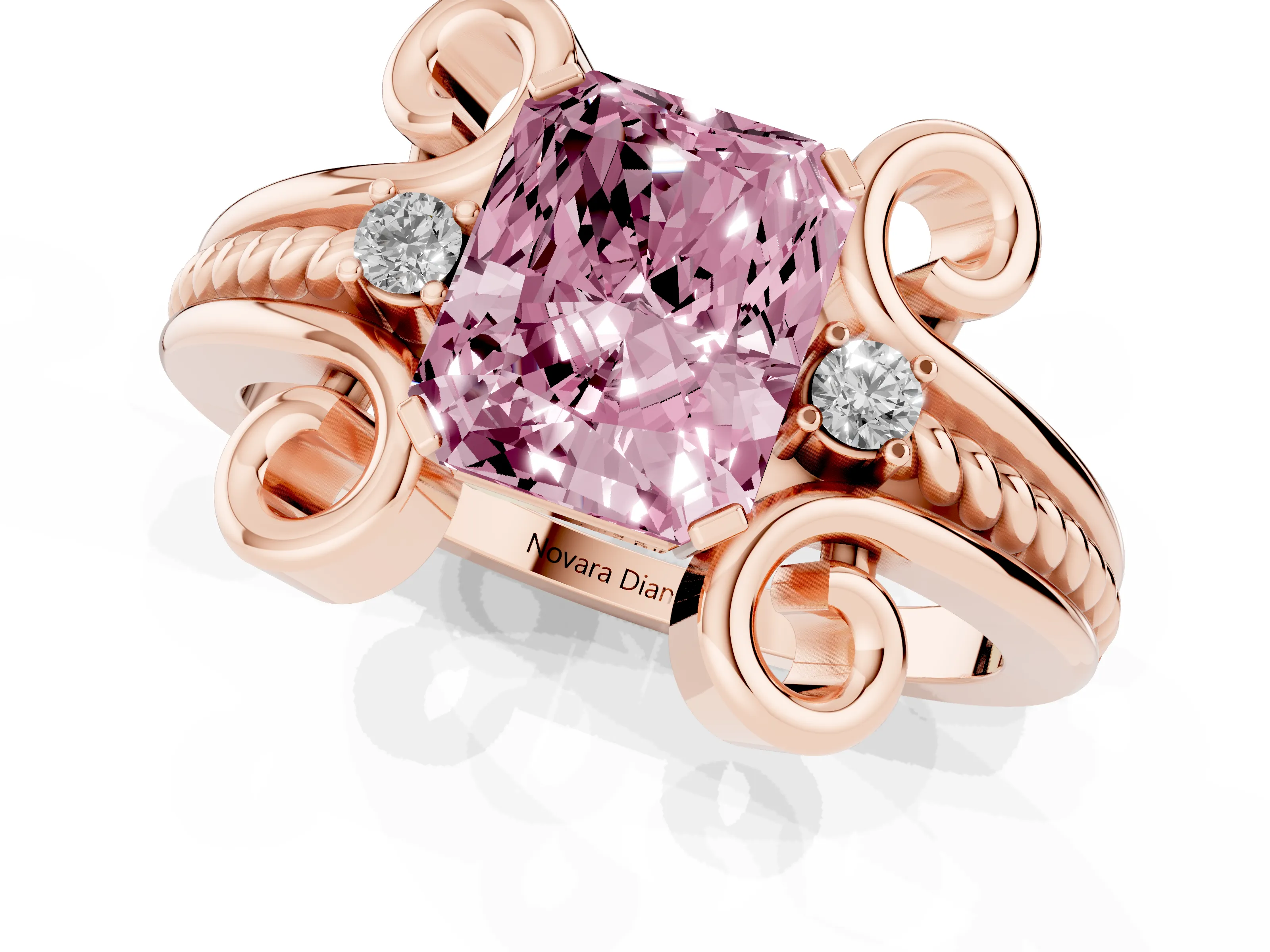Fancy Pink Radiant Cut Diamond Twisted Band Solitaire Ring Set in Rose gold with Scroll Prongs