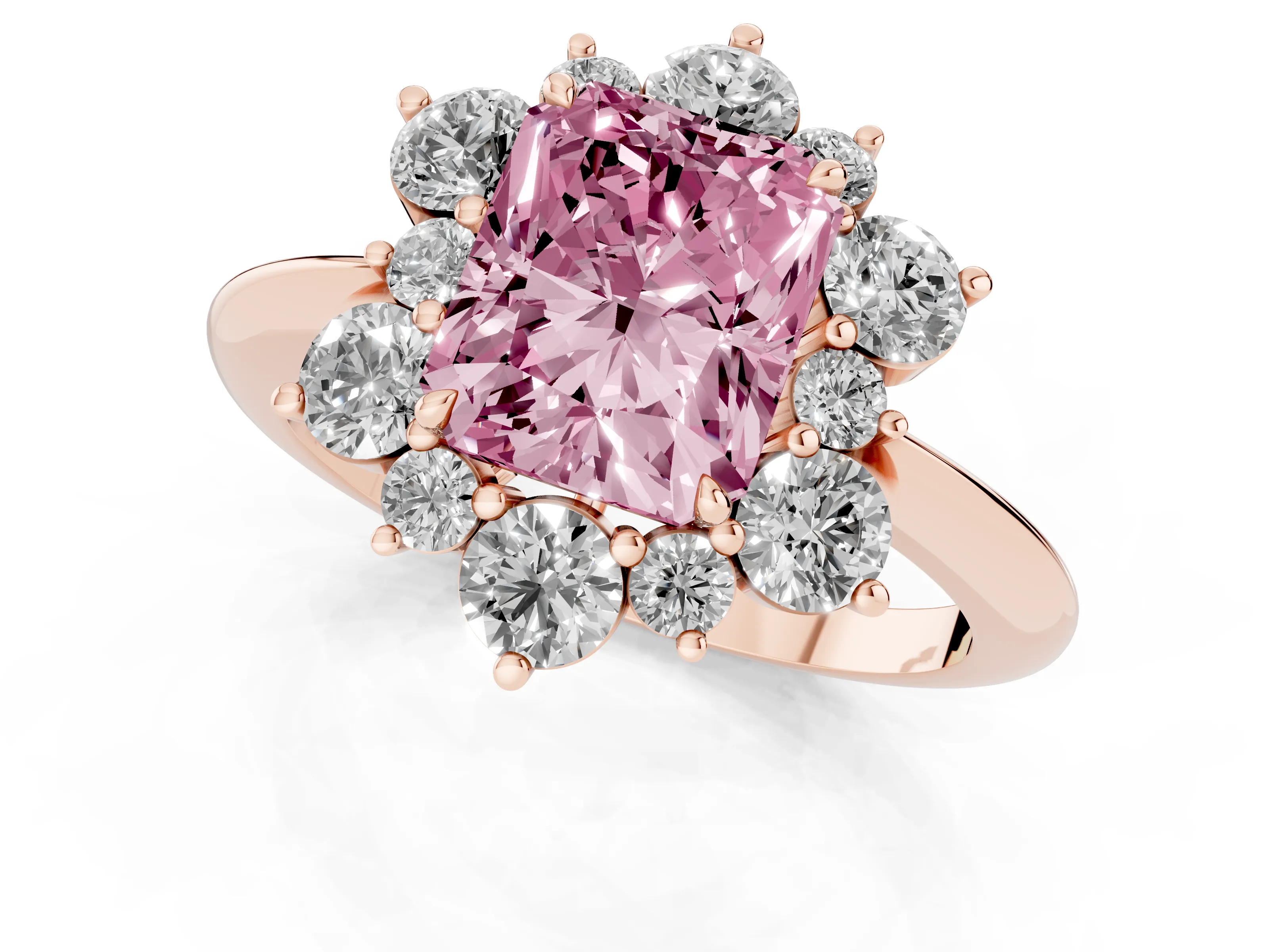 Fancy Pink Radiant Cut Diamond Cluster Halo Ring Set in Rose gold with Solitaire Band and Prong Setting