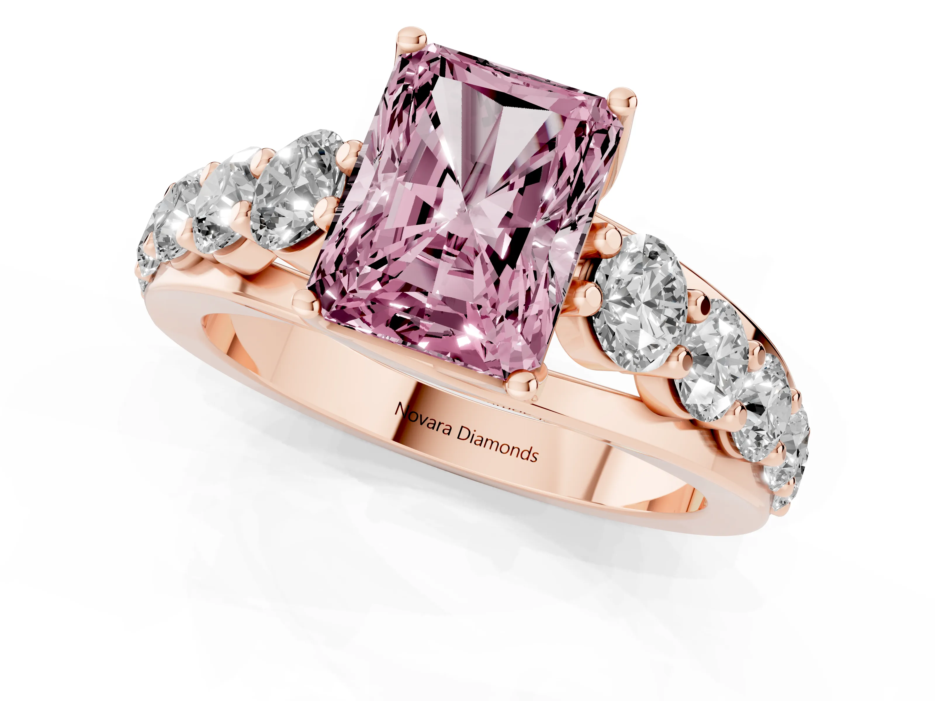 Fancy Pink Radiant Cut Diamond Pavé Engagement Ring Set in Rose gold with Prong Setting