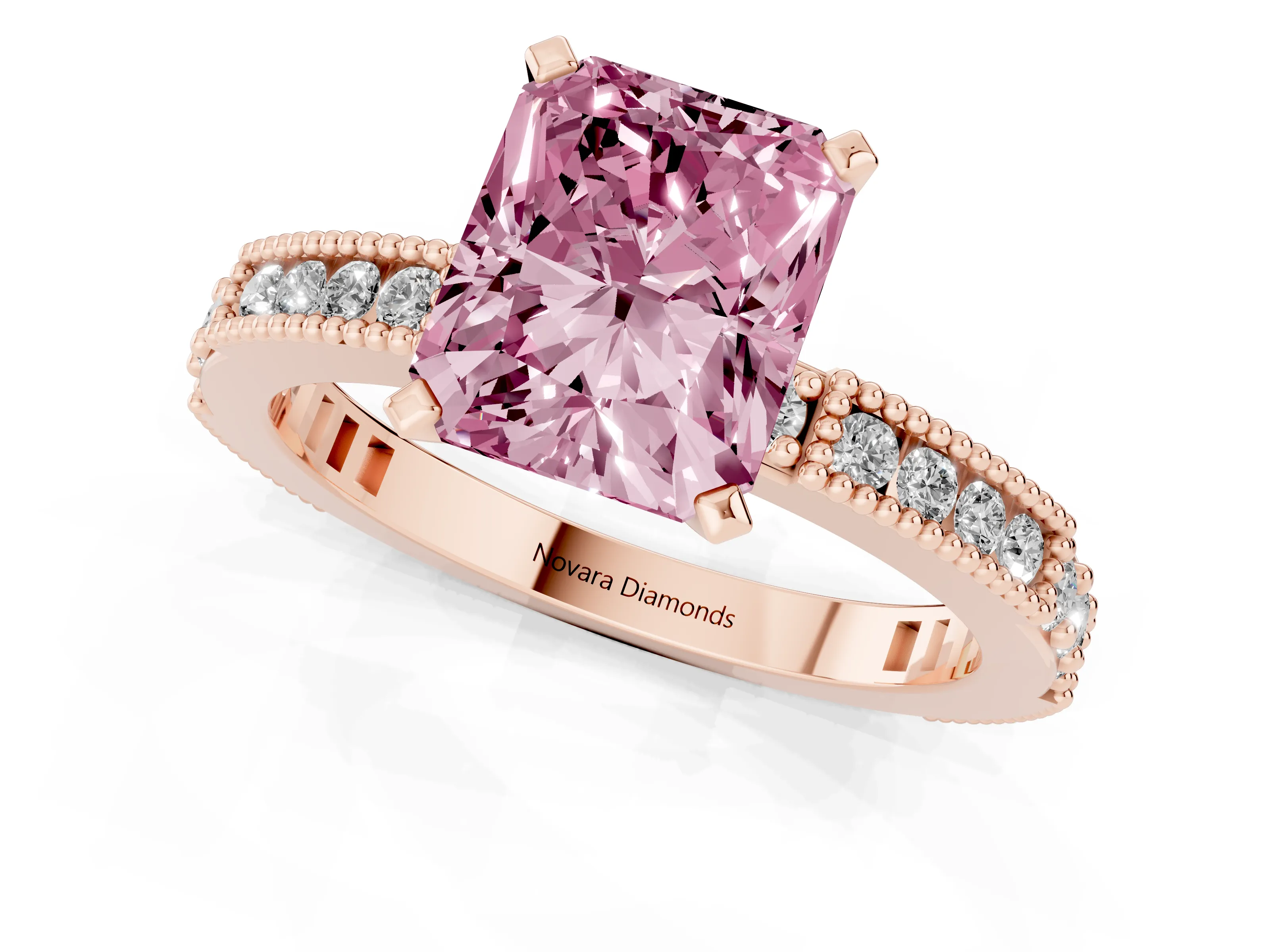 Fancy Pink Radiant Cut Diamond Solitaire Ring Set in Rose gold with Slim Pavé Band and Prong Setting