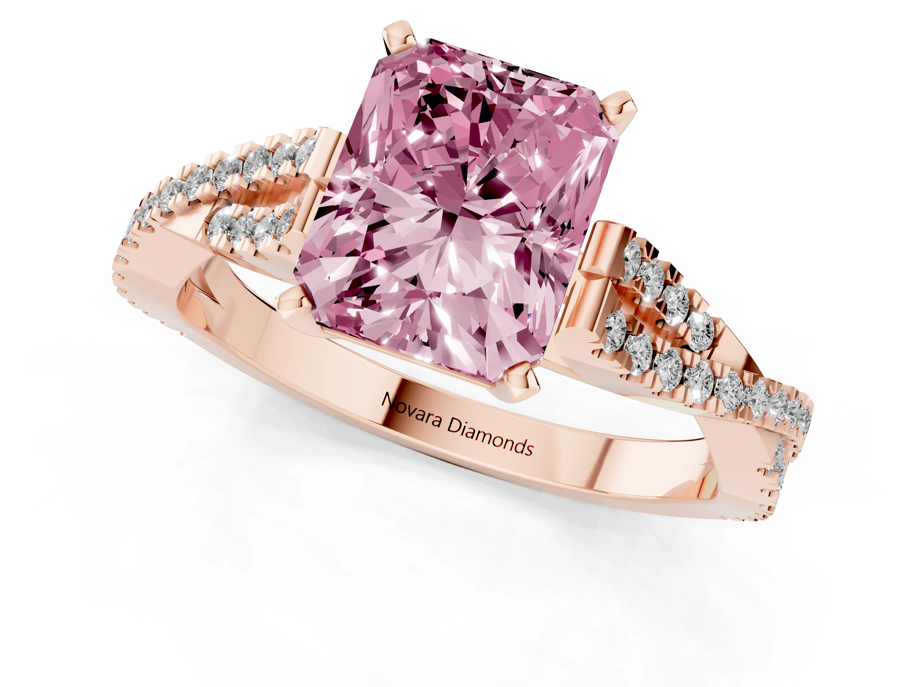 Fancy Pink Radiant Cut Diamond Solitaire Engagement Ring Set in Rose gold with Twisted Pavé Band and Prong Setting