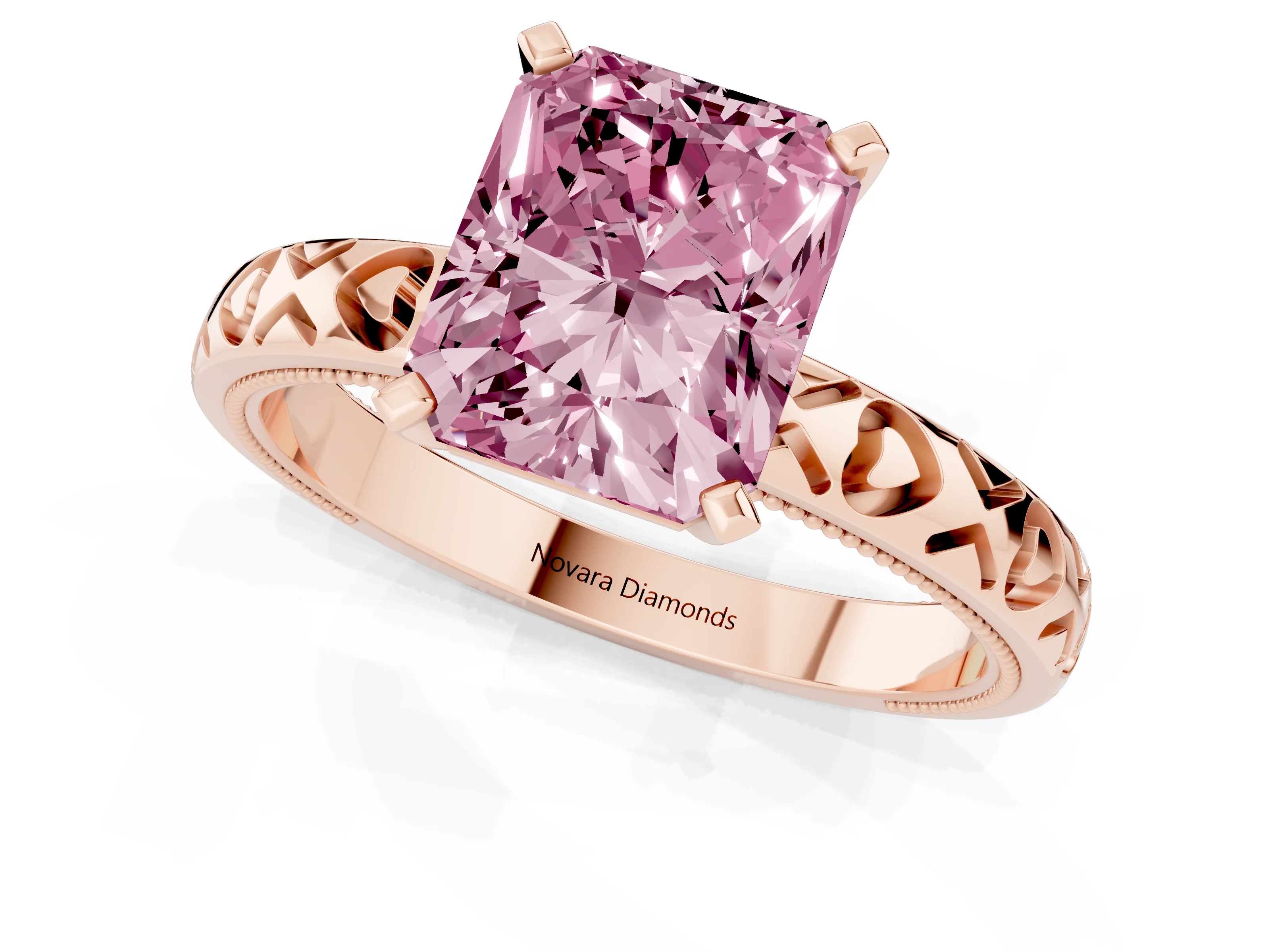 Fancy Pink Radiant Cut Diamond Solitaire Engagement Ring Set in Rose gold with XO Engraved Band and Prong Setting
