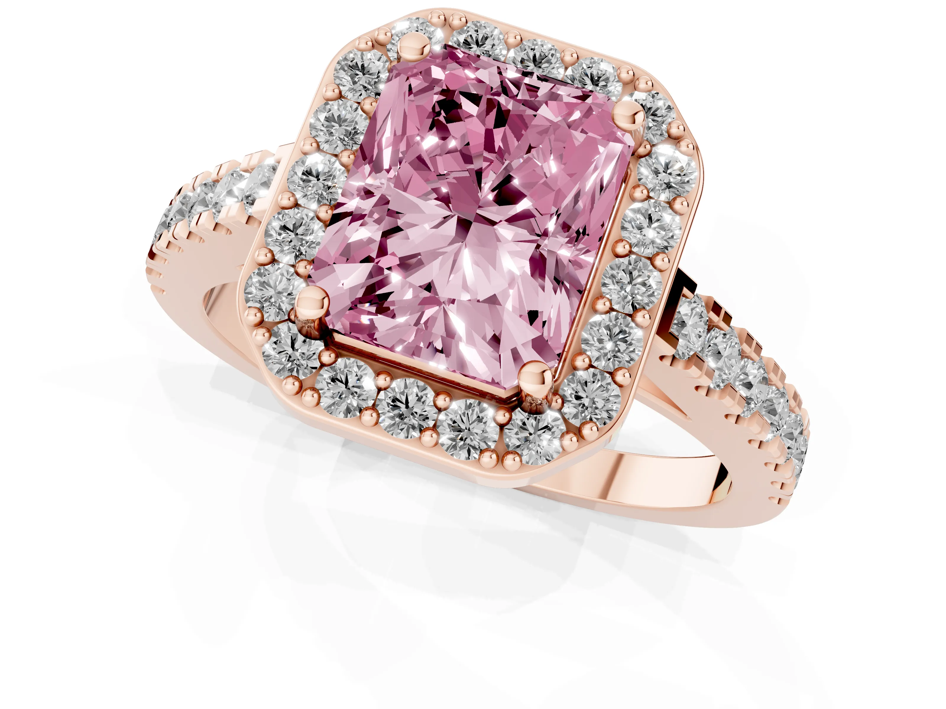 Fancy Pink Radiant Cut Diamond Halo Ring Set in Rose gold with Round Pavé Split Shank and Prong Setting