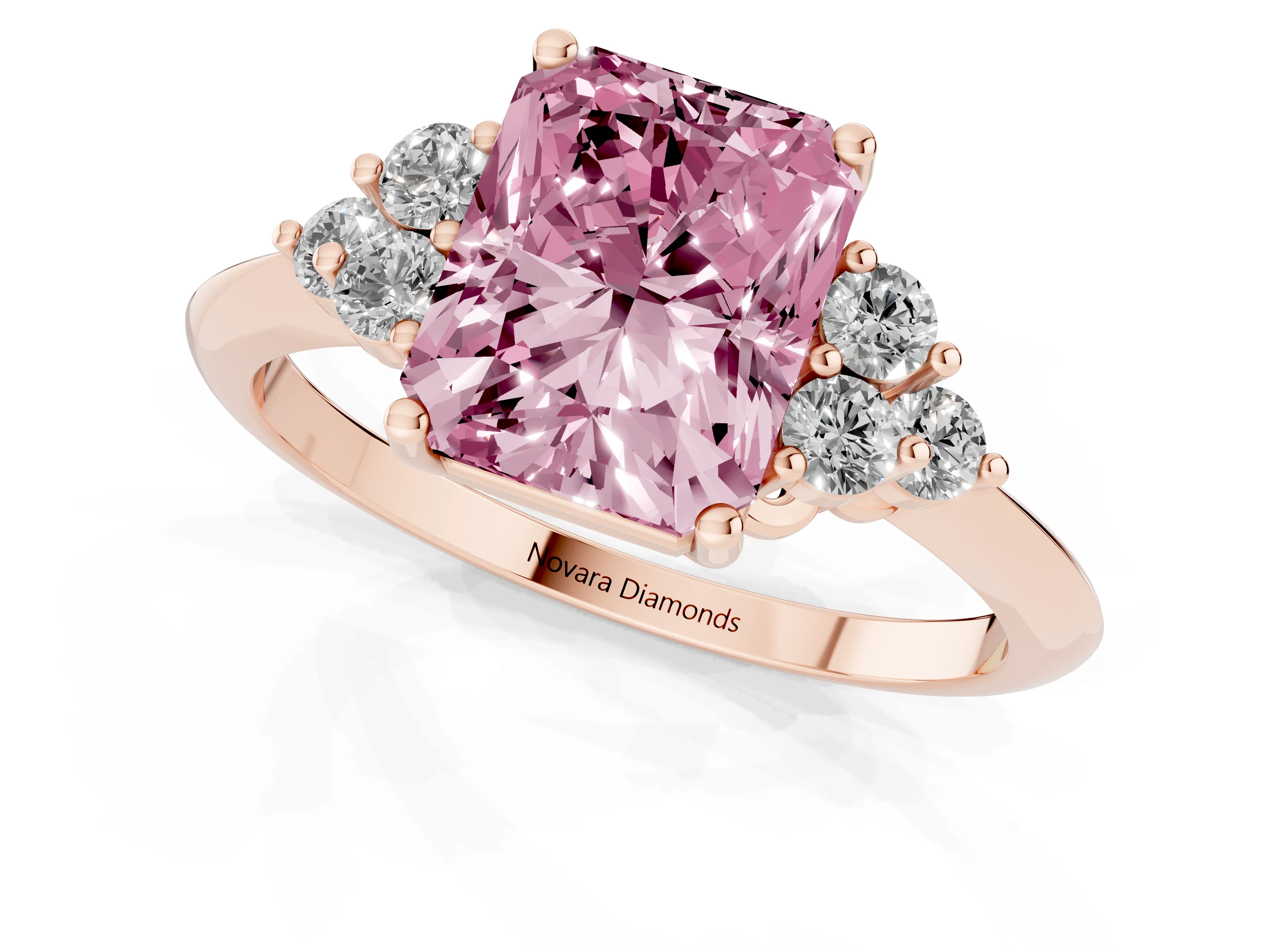 Fancy Pink Radiant Cut Diamond Cluster Ring Set in Rose gold with Plain Band and Prong Setting
