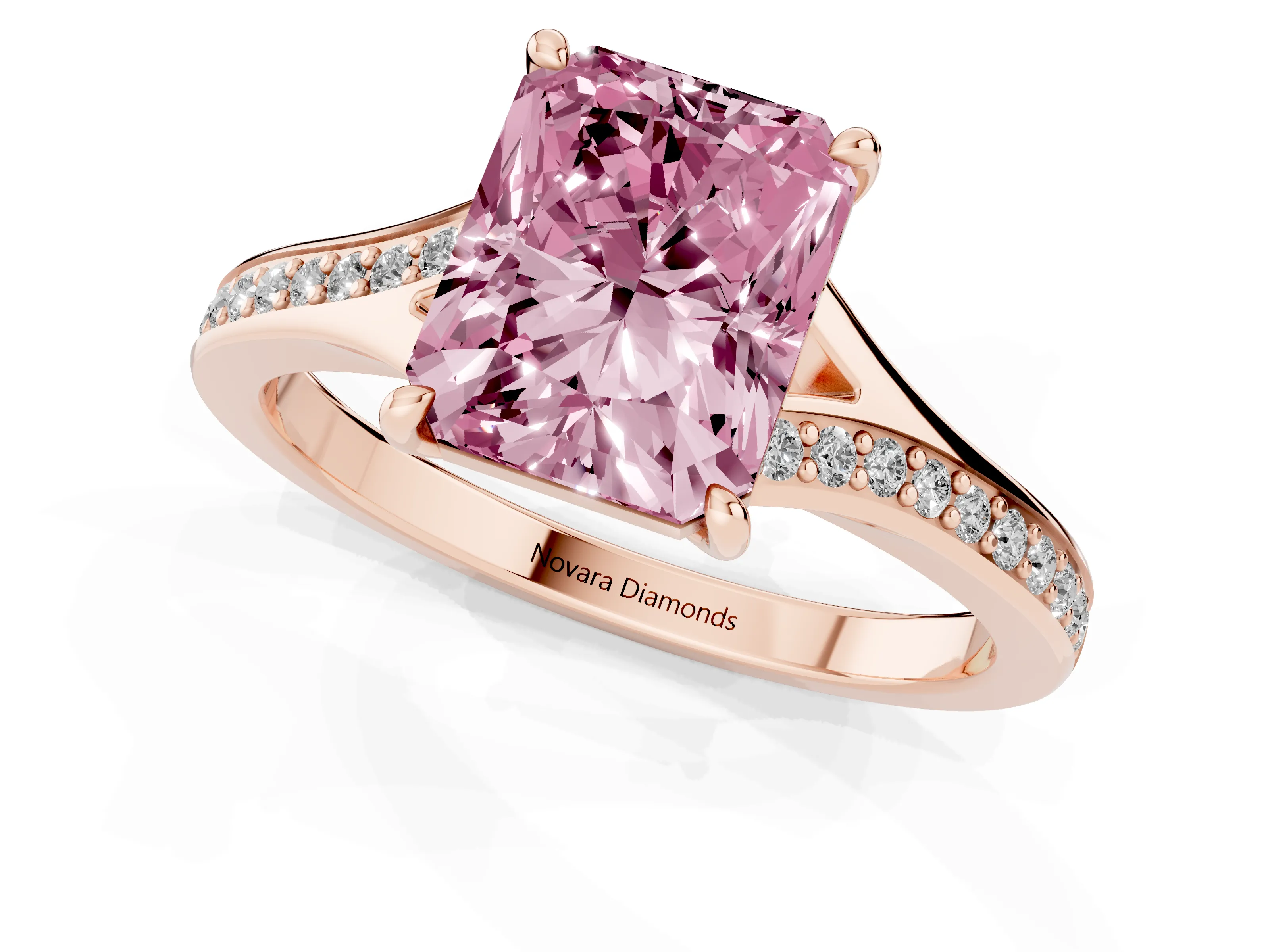 Fancy Pink Radiant Cut Diamond Solitaire Ring Set in Rose gold with Pavé Accent Band and Classic Prong Setting
