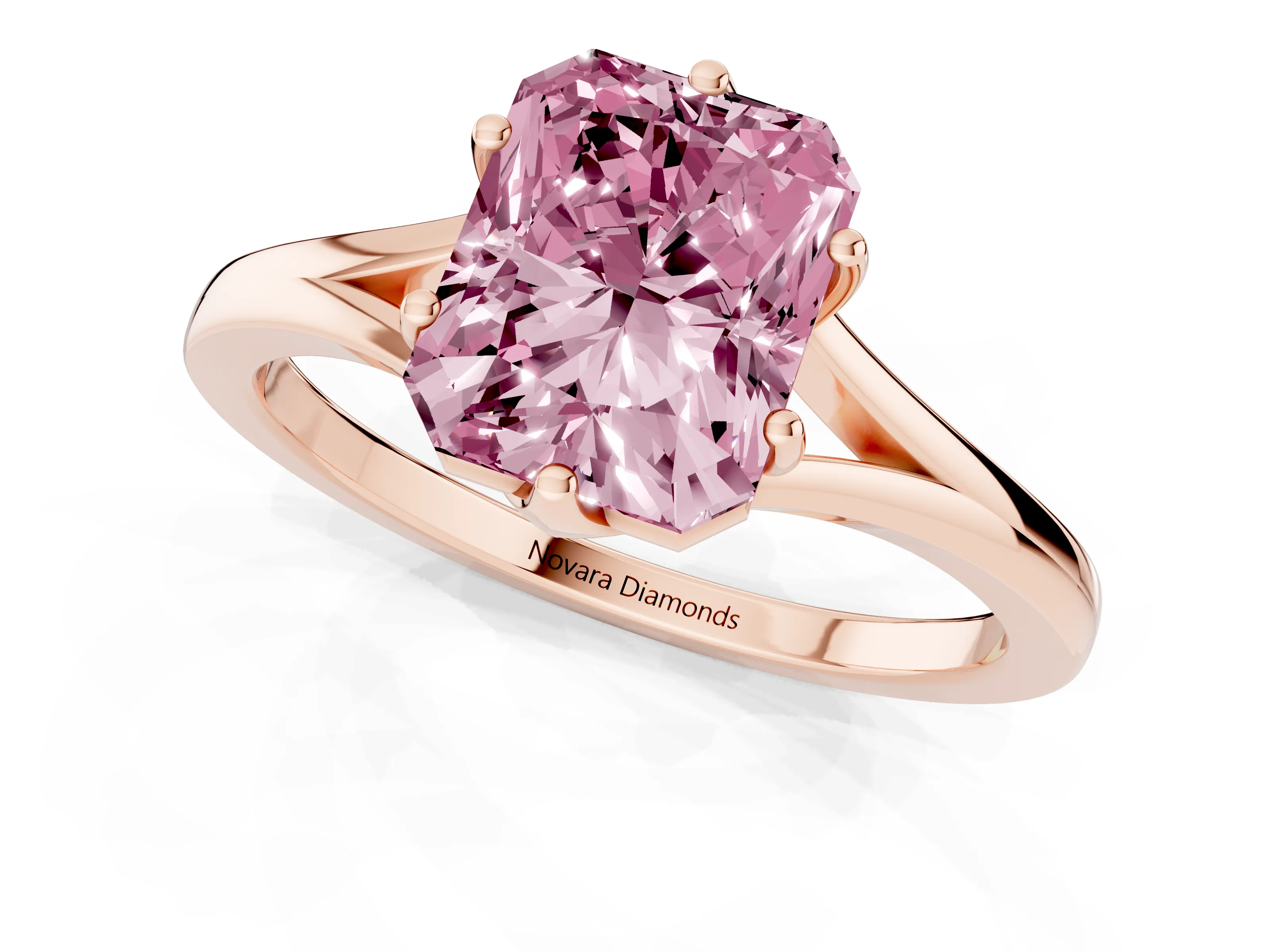 Fancy Pink Radiant Cut Diamond Solitaire Ring Set in Rose gold with Polished Tapered Band and Prong Setting