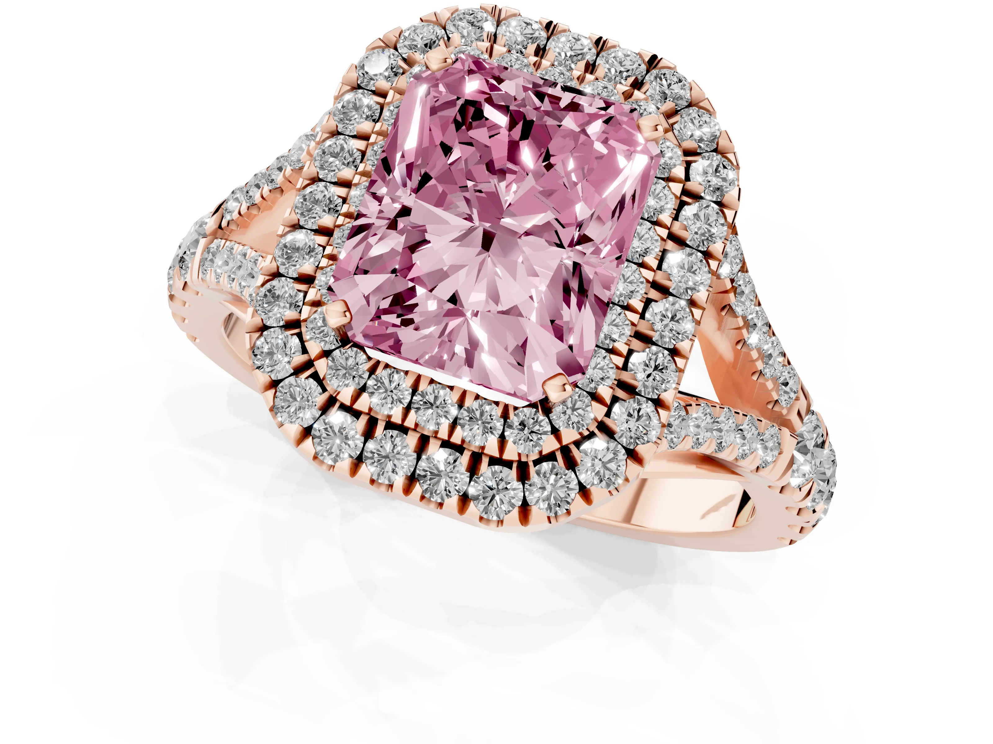 Fancy Pink Radiant Cut Diamond Pavé Split Shank Double Halo Engagement Ring Set in Rose gold