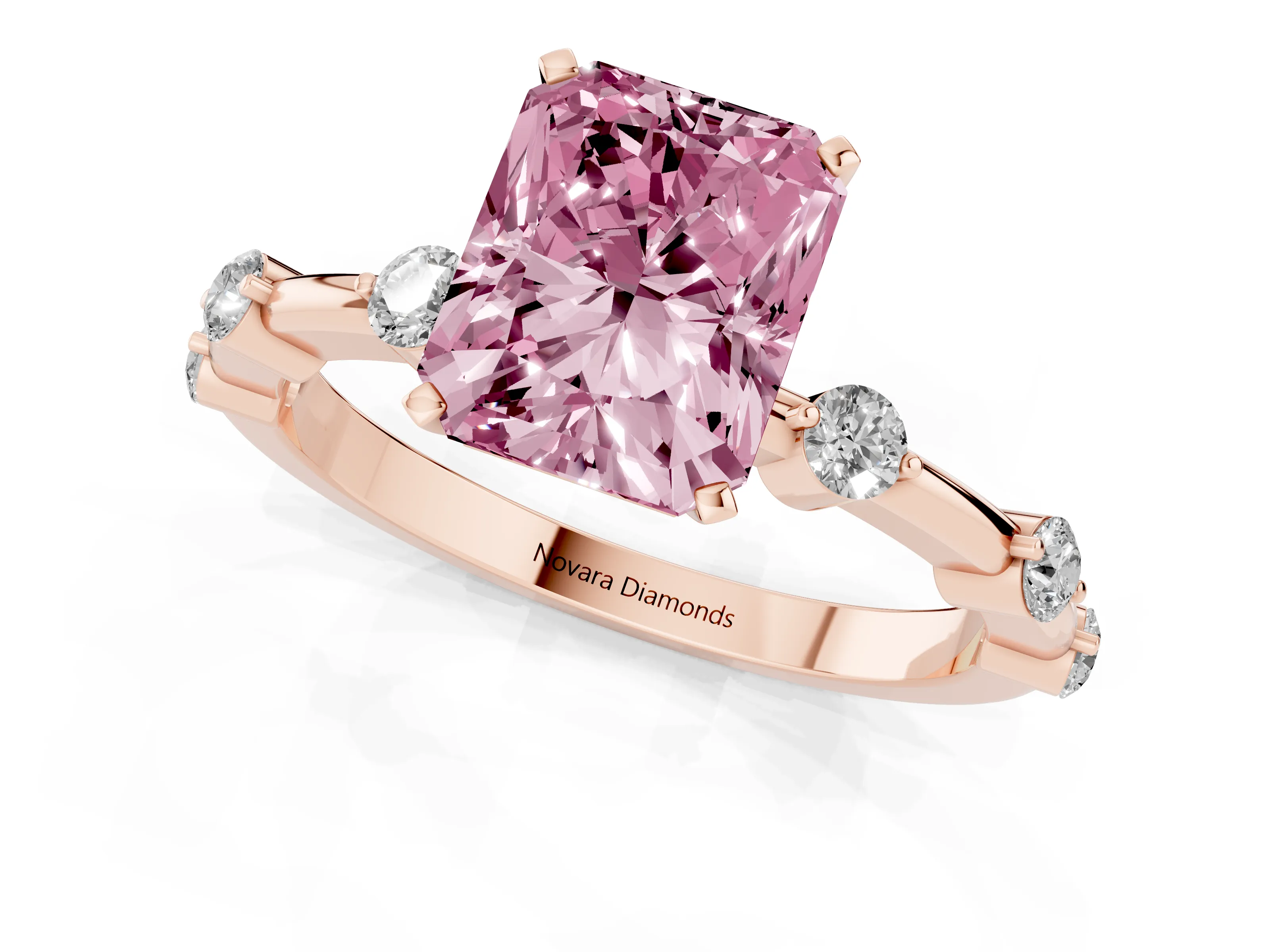 Fancy Pink Radiant Cut Diamond Solitaire Ring Set in Rose gold with Bezel Set Side Stones and Prong Setting