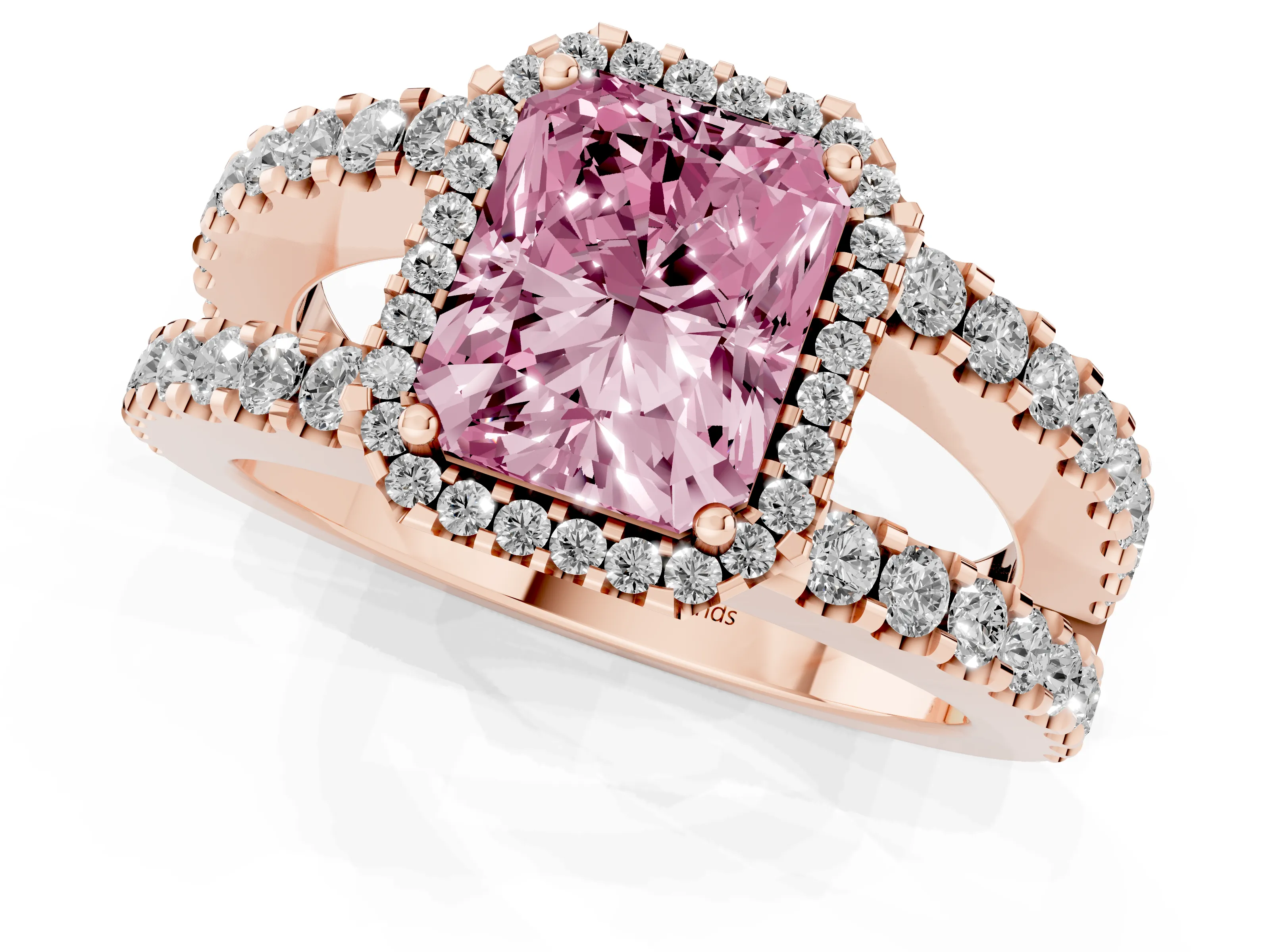 Fancy Pink Radiant Cut Diamond Halo Ring Set in Rose gold with Pavé Split Shank and Prong Setting