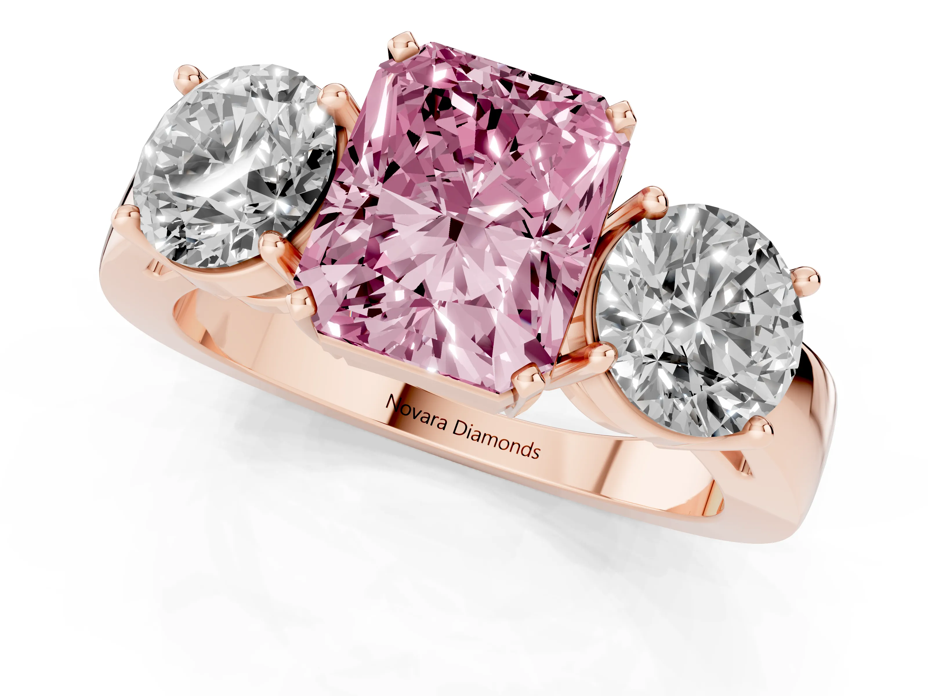 Fancy Pink Radiant Cut Diamond Three-Stone Ring Set in Rose gold with Round Side Stones and Classic Band