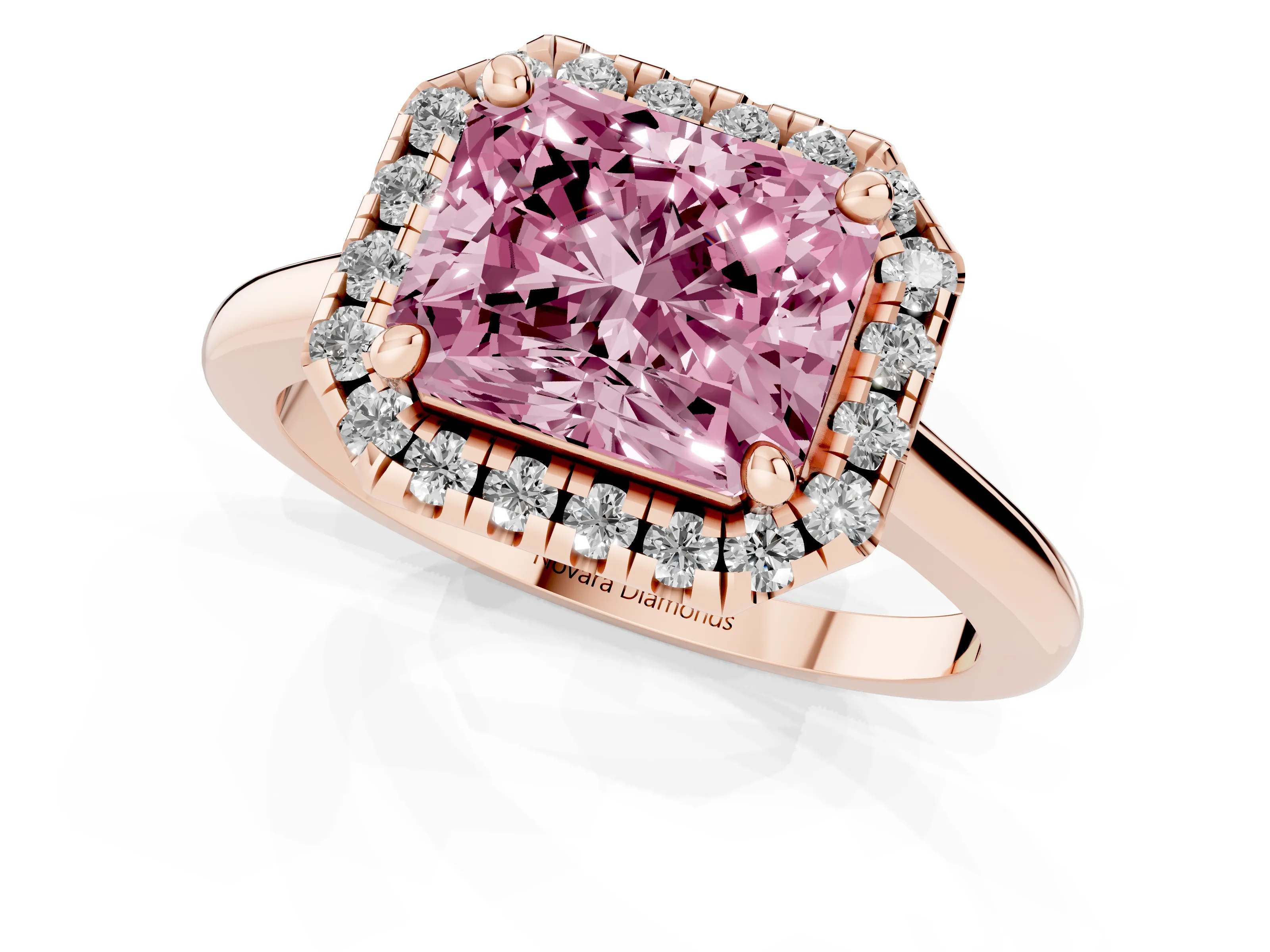 Fancy Pink Radiant Cut Diamond Halo Engagement Ring Set in Rose gold with Pavé Band and Rising Shoulders