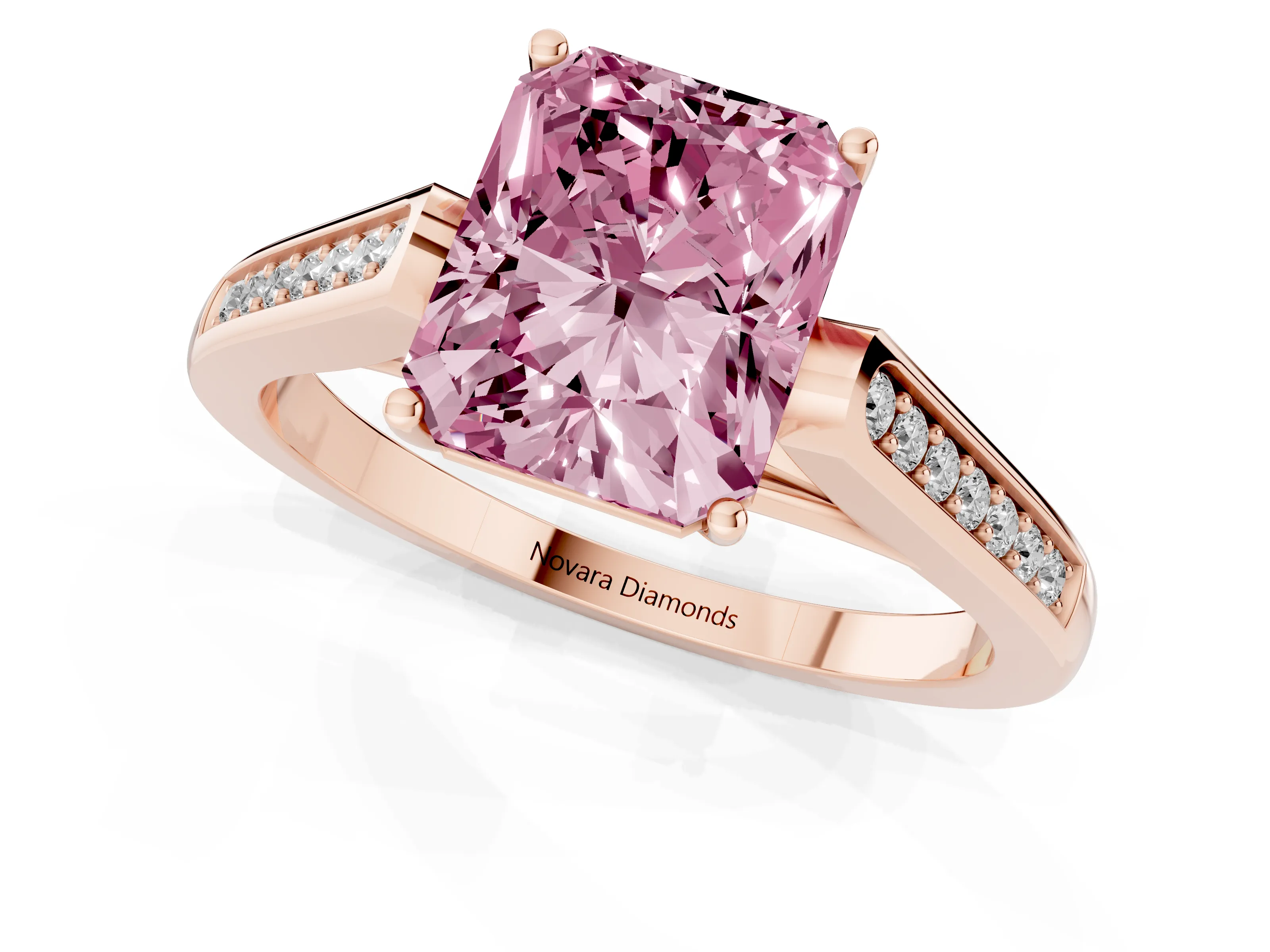 Fancy Pink Radiant Cut Diamond Solitaire Cathedral Engagement Ring Set in Rose gold with Channel-Set Band and Prong Setting