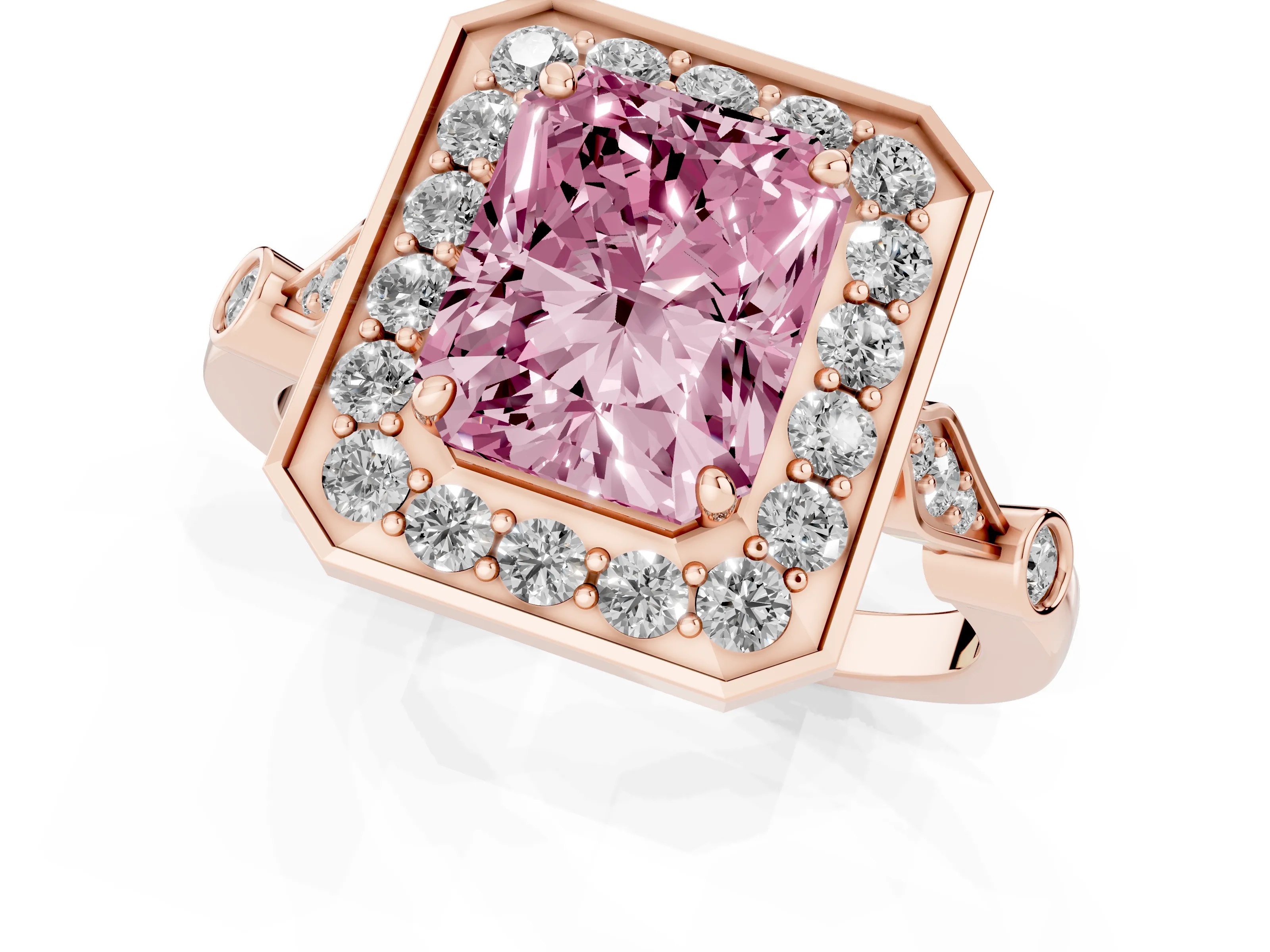 Fancy Pink Radiant Cut Diamond Halo Engagement Ring Set in Rose gold with Twisted Band and Prong Setting