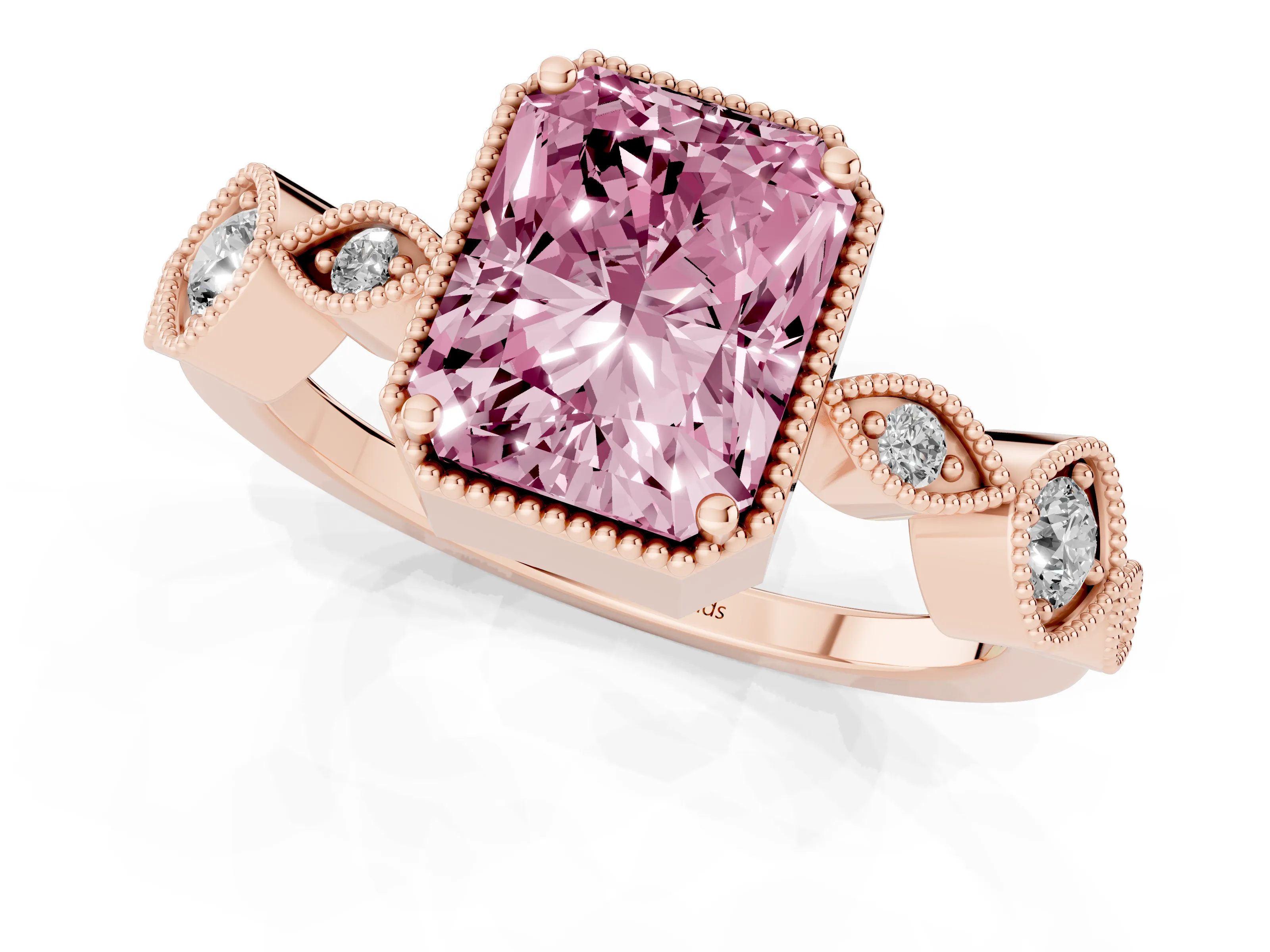 Fancy Pink Radiant Cut Diamond Vintage-Inspired Milgrain Ring Set in Rose gold with Marquise Stations of Round Accents