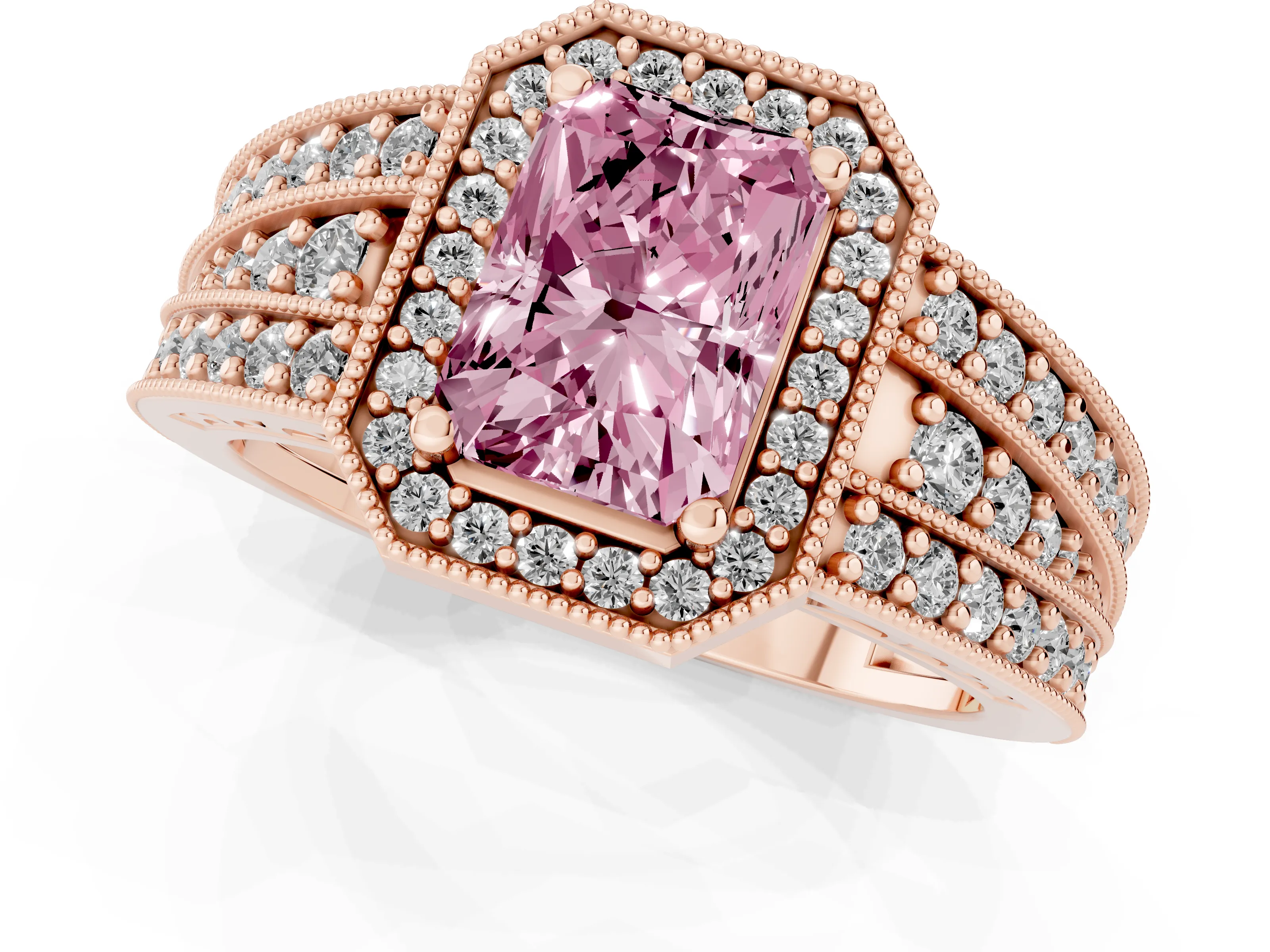 Fancy Pink Radiant Cut Diamond Halo Ring Set in Rose gold with Accent Split Shank and Prong Setting