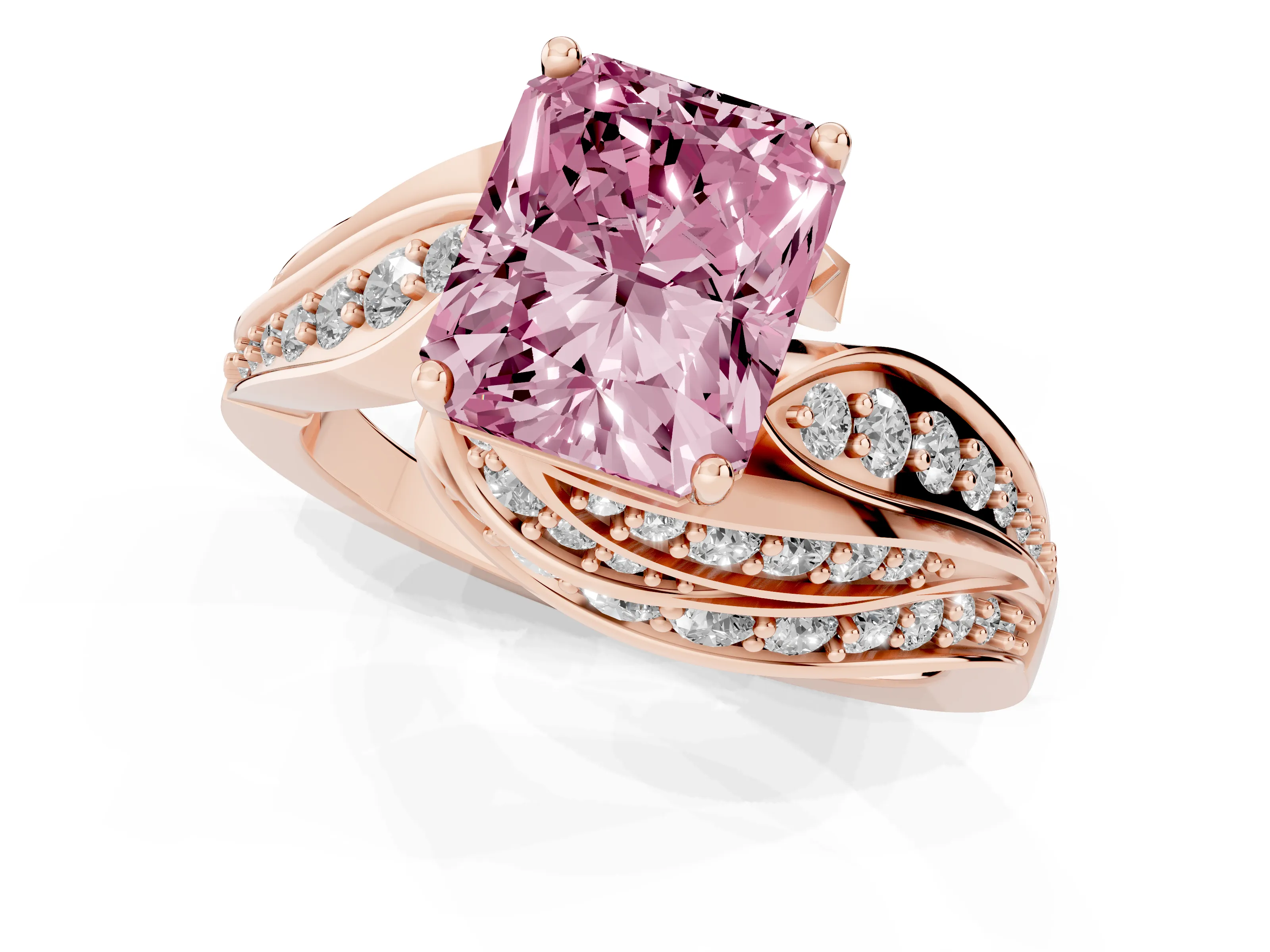 Fancy Pink Radiant Cut Diamond Solitaire Ring Set in Rose gold with Layered Twist Pavé Band