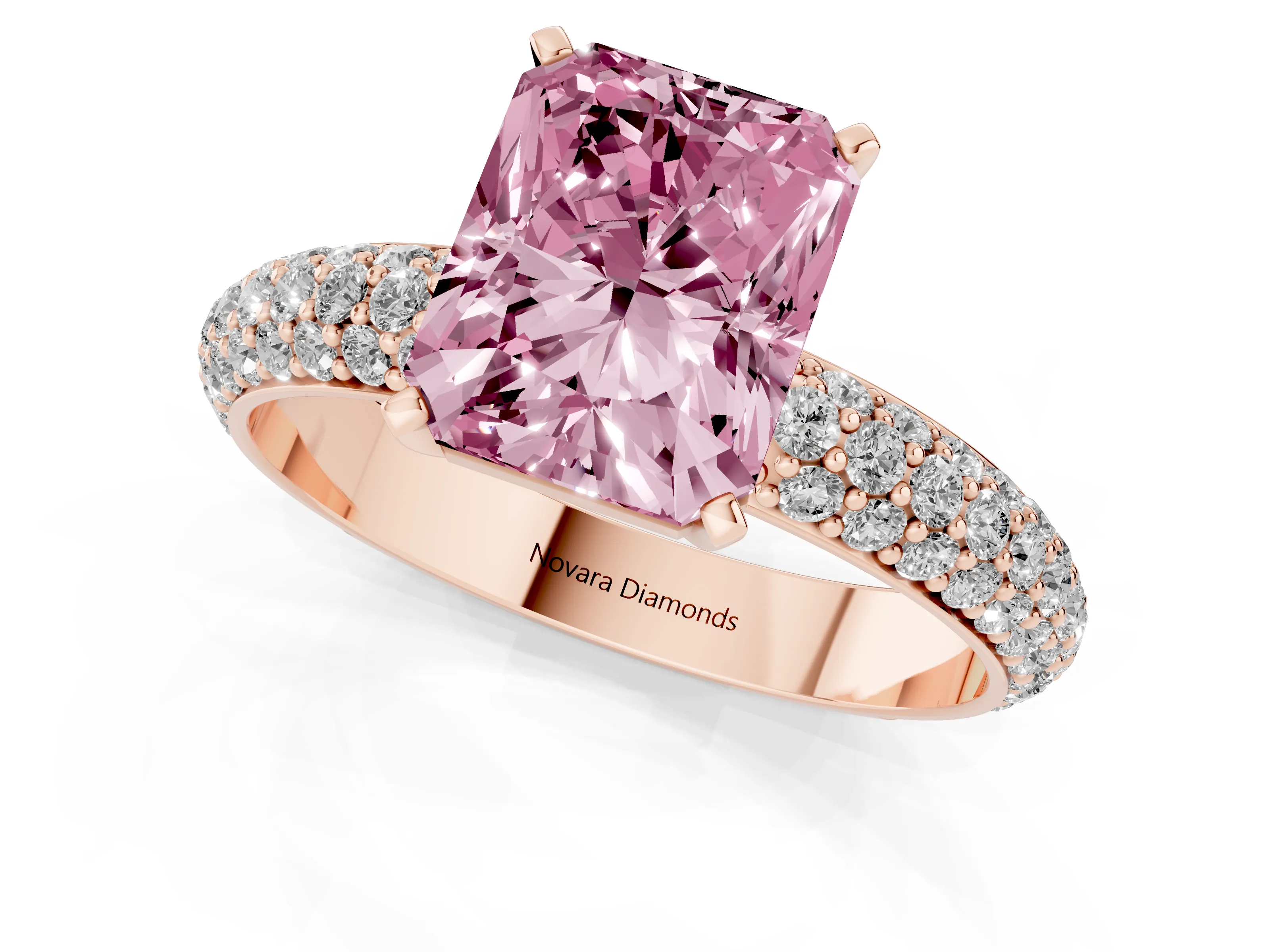 Fancy Pink Radiant Cut Diamond Solitaire Ring Set in Rose gold with Prong Setting and Pavé-Set Band