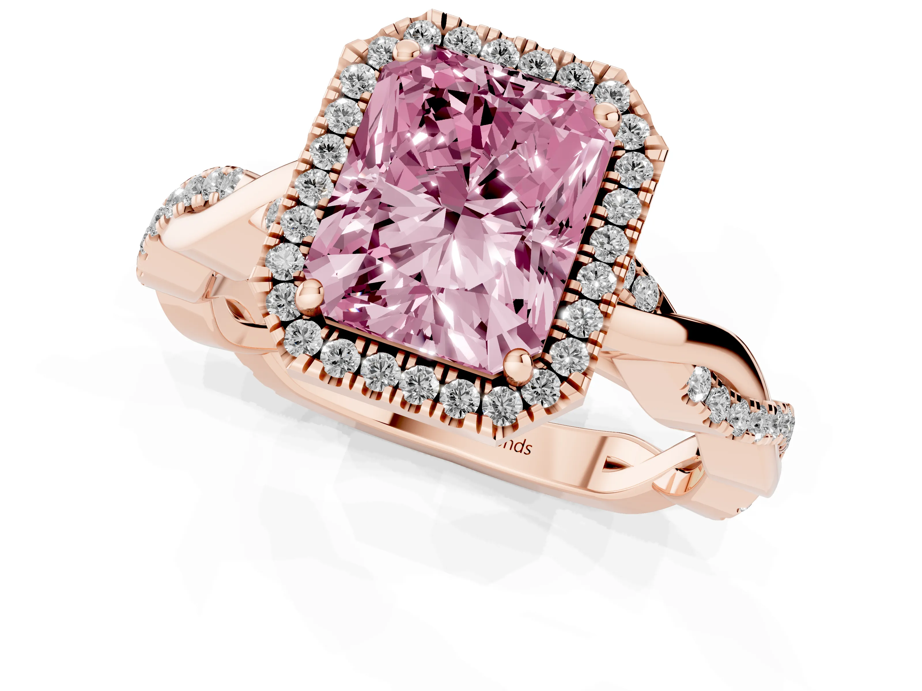 Fancy Pink Radiant Cut Diamond Halo Twisted Band Ring Set in Rose gold with Prong Setting