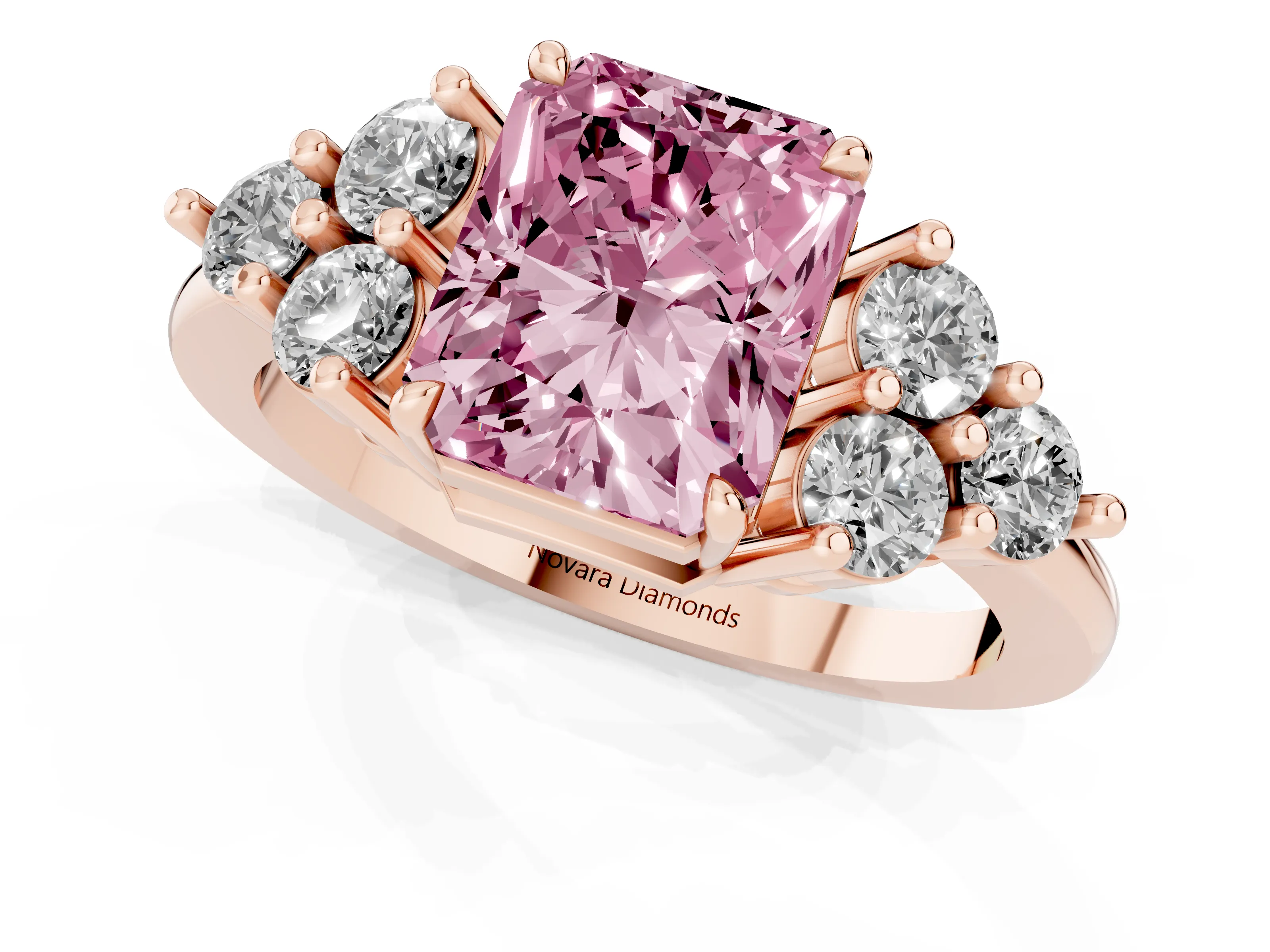 Fancy Pink Radiant Cut Diamond Solitaire Ring Set in Rose gold with Cluster Accents on Each Side