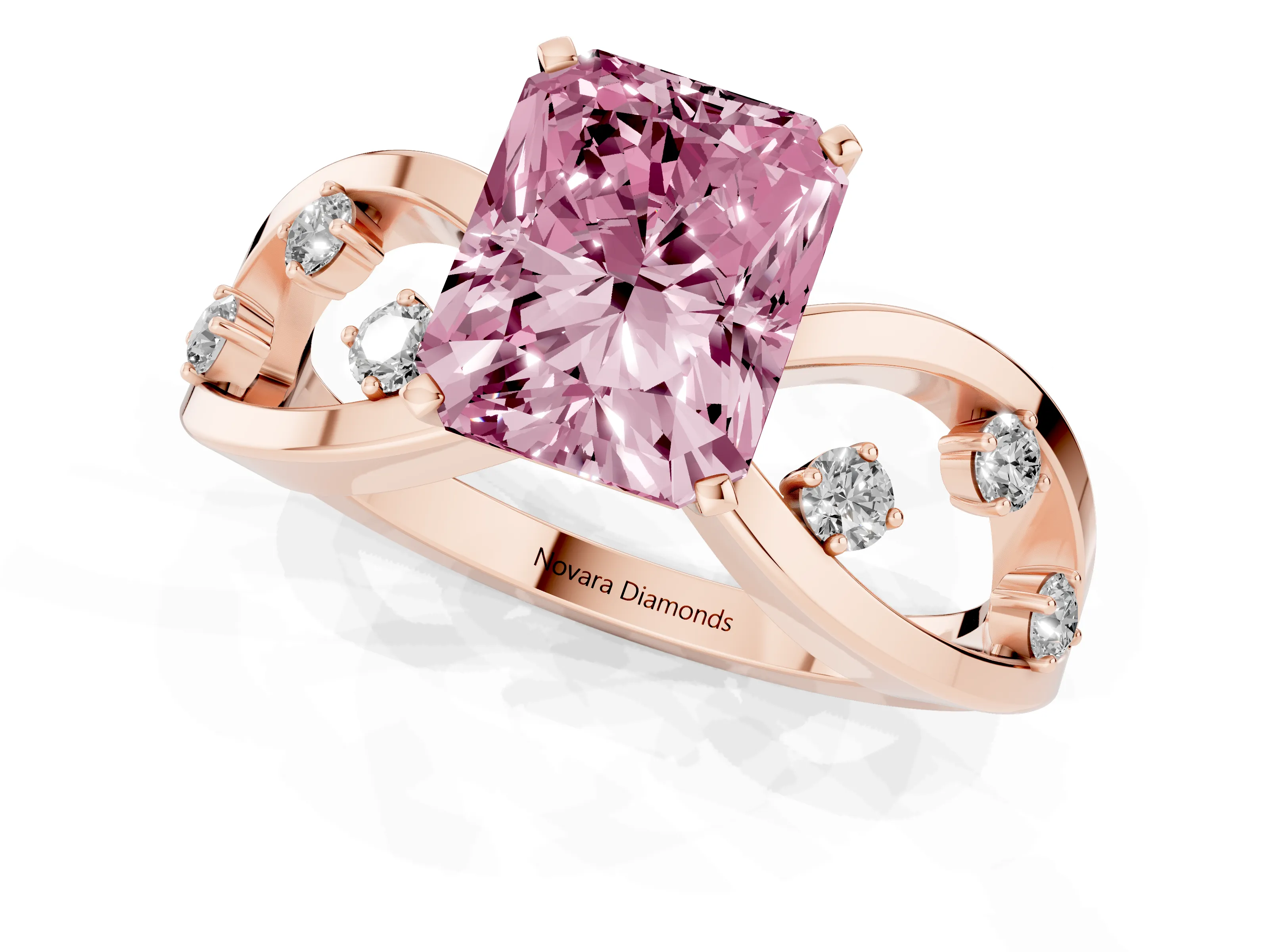 Fancy Pink Radiant Cut Diamond Solitaire Ring Set in Rose gold with Side Stones on Criss-Cross Band and Prong Setting