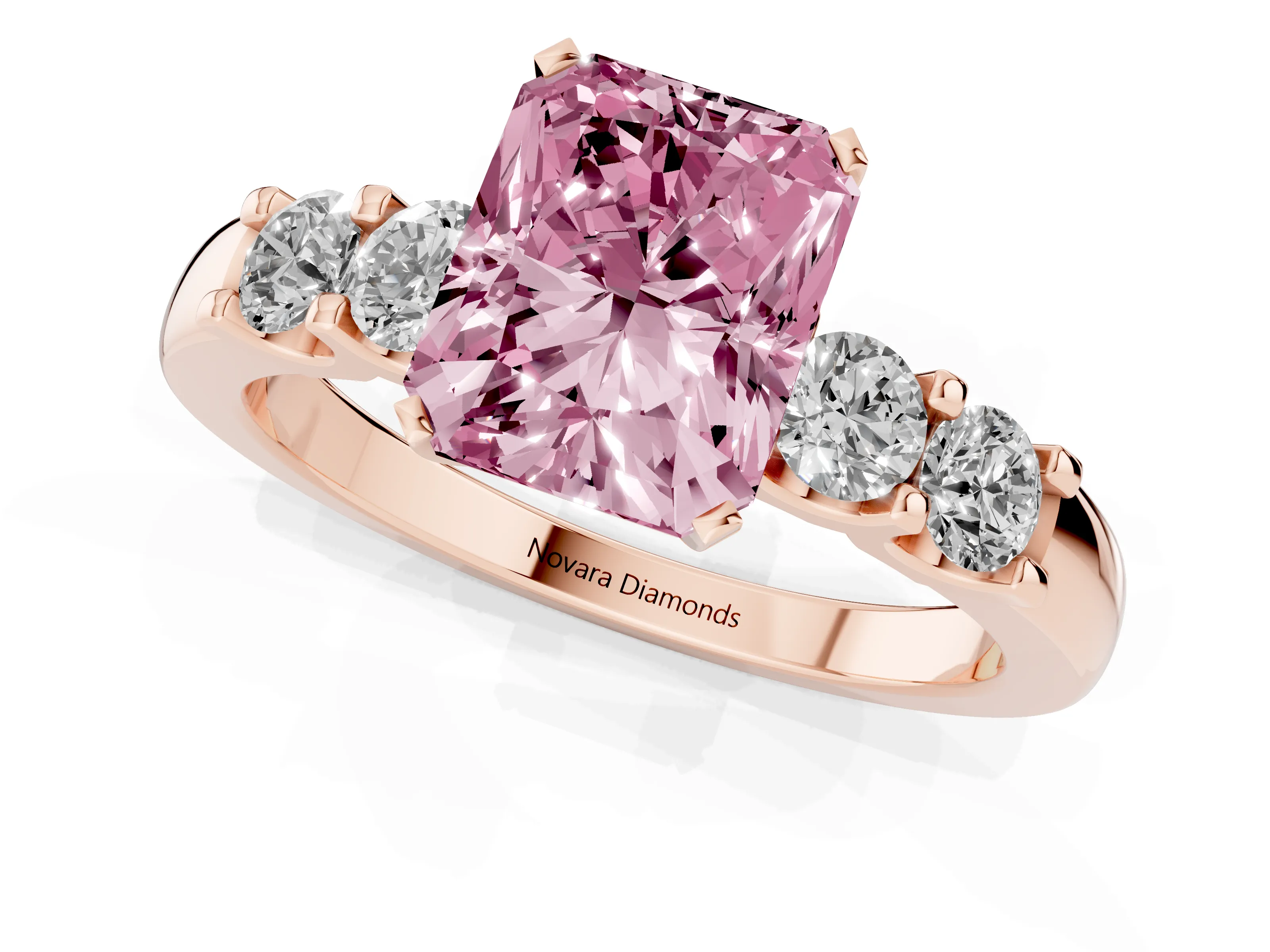 Fancy Pink Radiant Cut Diamond Five-Stone Prong Set Engagement Ring Set in Rose gold with Channel Band
