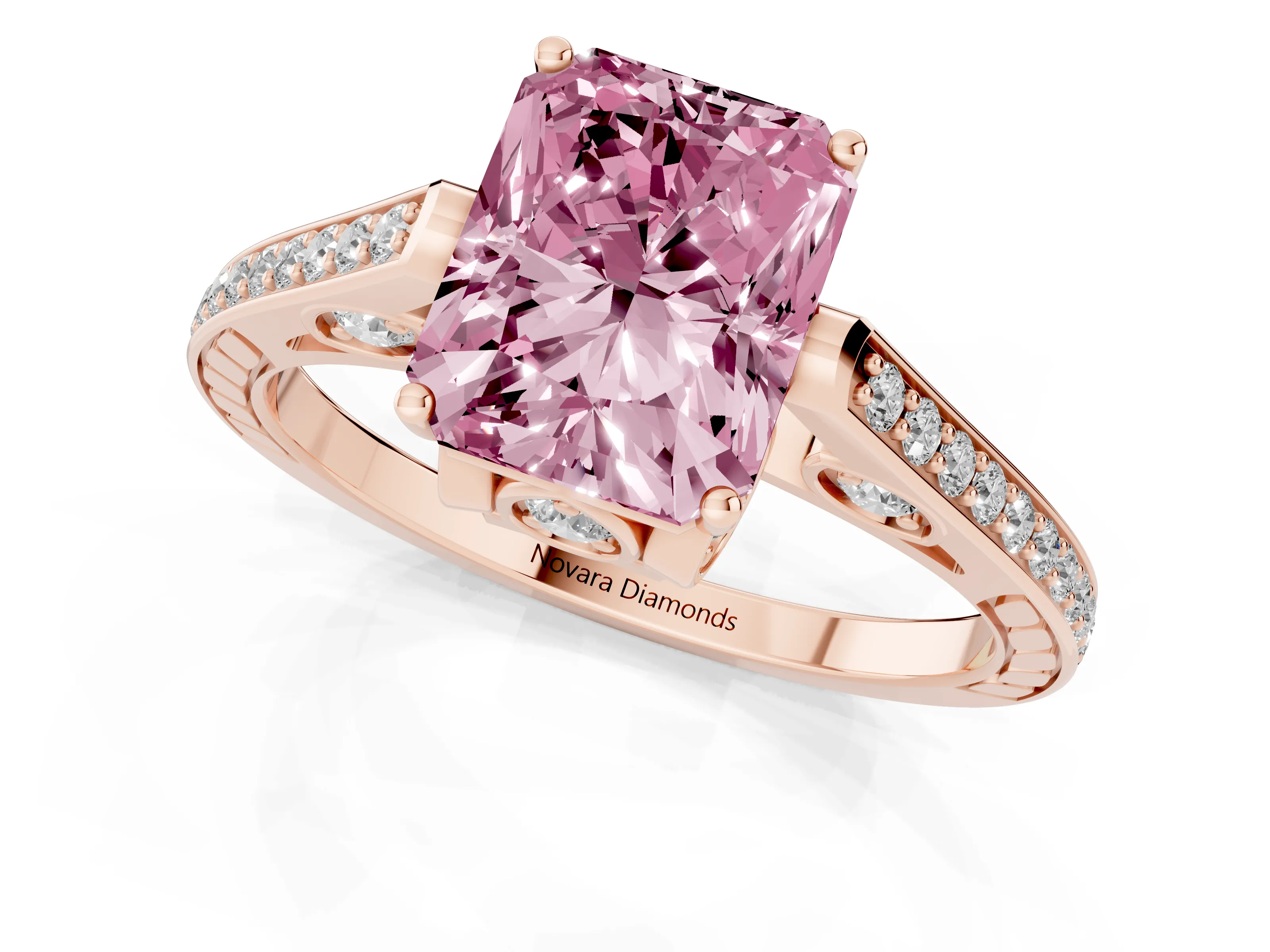 Fancy Pink Radiant Cut Diamond Cathedral Pavé Engagement Ring Set in Rose gold with Prong Setting