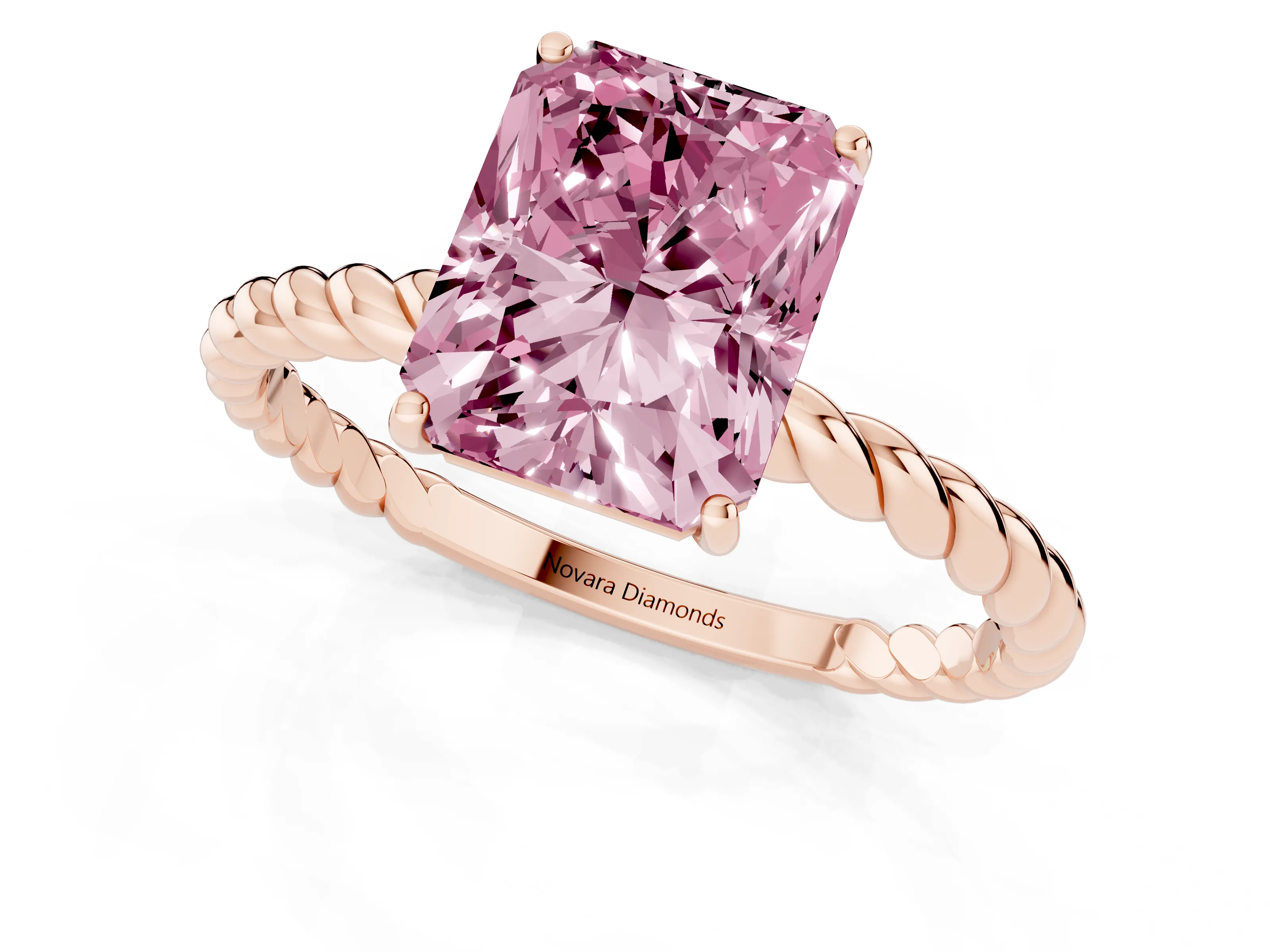 Fancy Pink Radiant Cut Diamond Solitaire Ring Set in Rose gold with Twist Band and Prong Setting