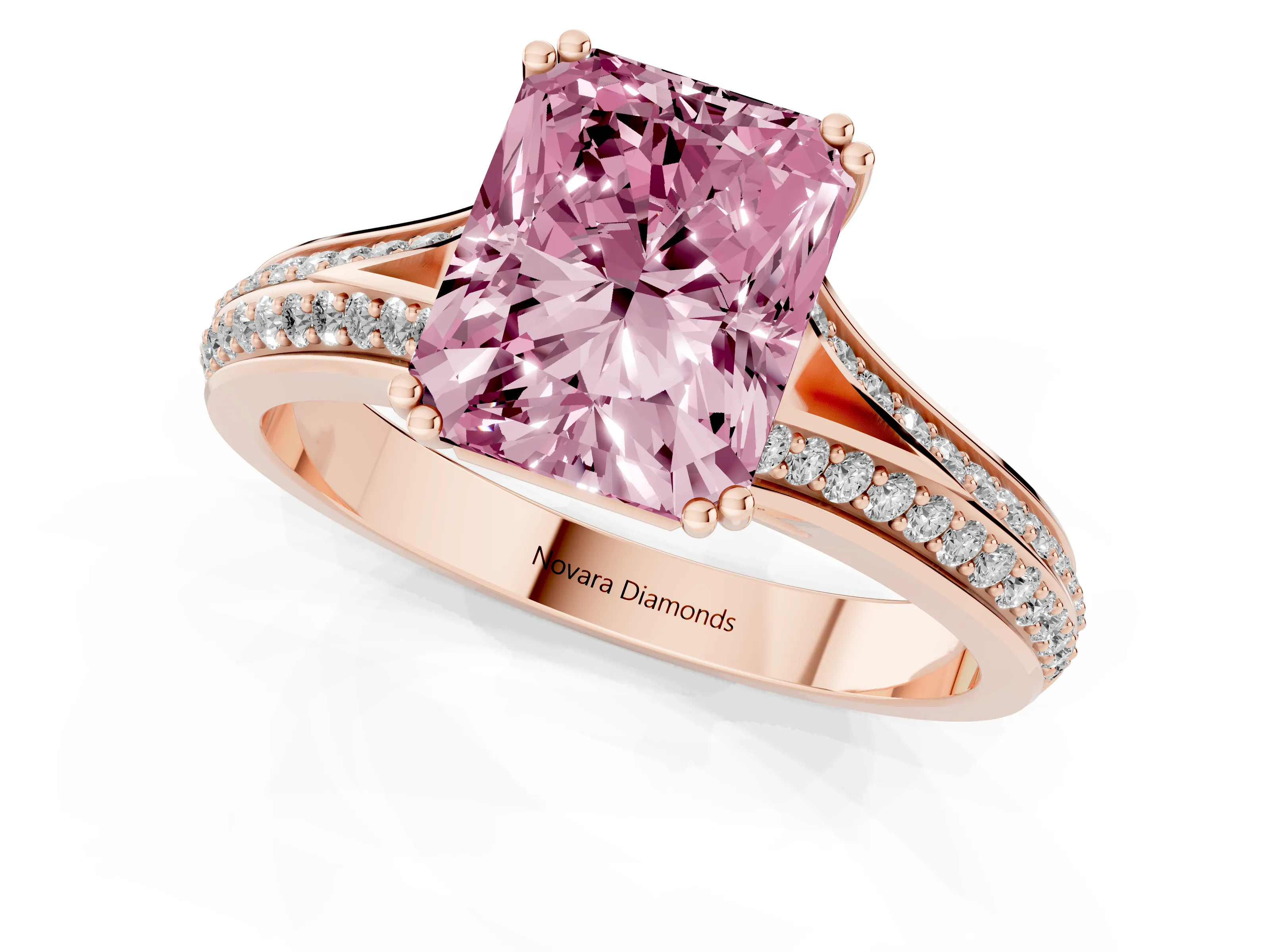 Fancy Pink Radiant Cut Diamond Split Shank Pavé Engagement Ring Set in Rose gold with Prong-Set Center Stone