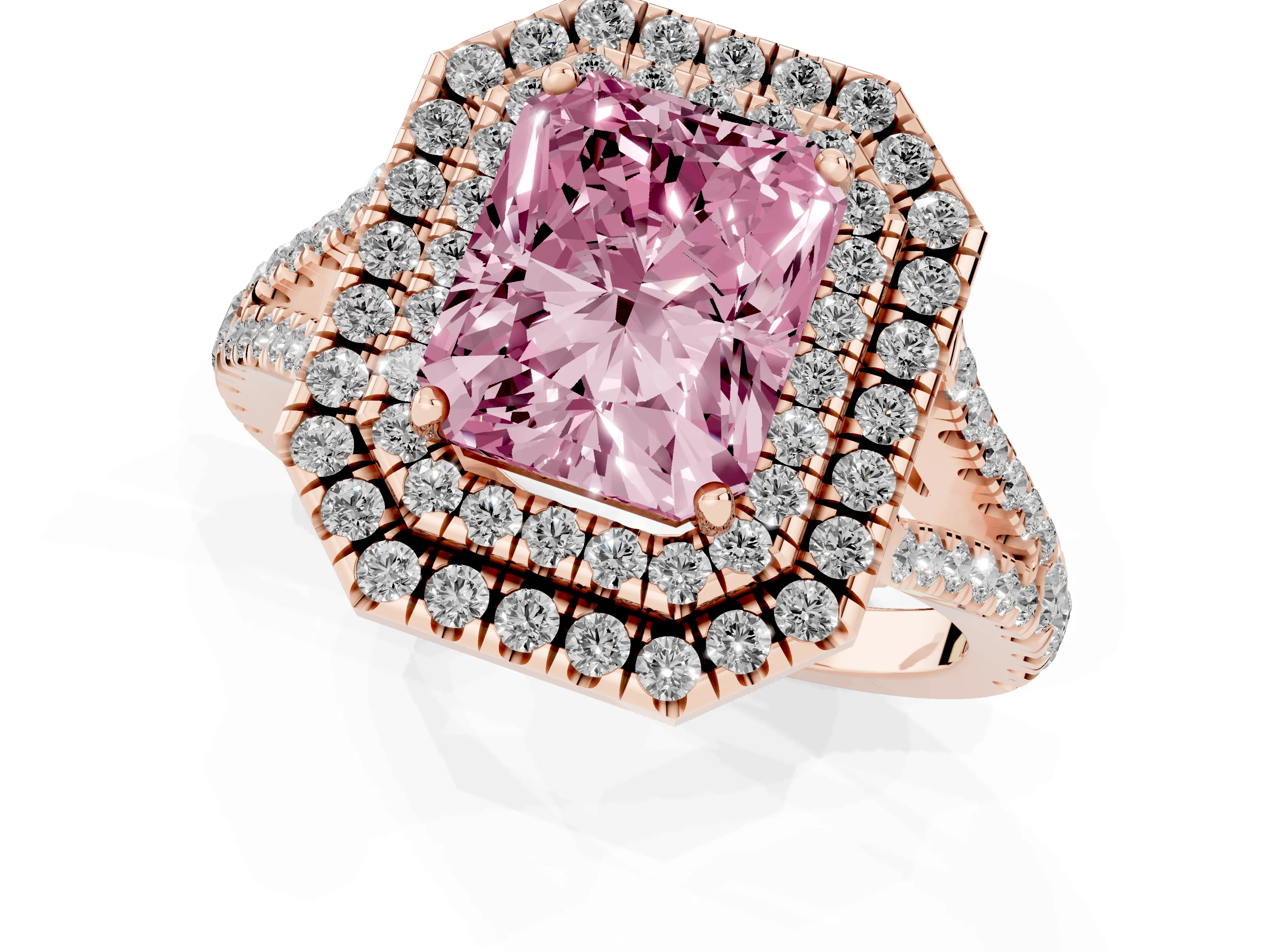 Fancy Pink Radiant Cut Diamond Double Halo Ring Set in Rose gold with Pavé Band