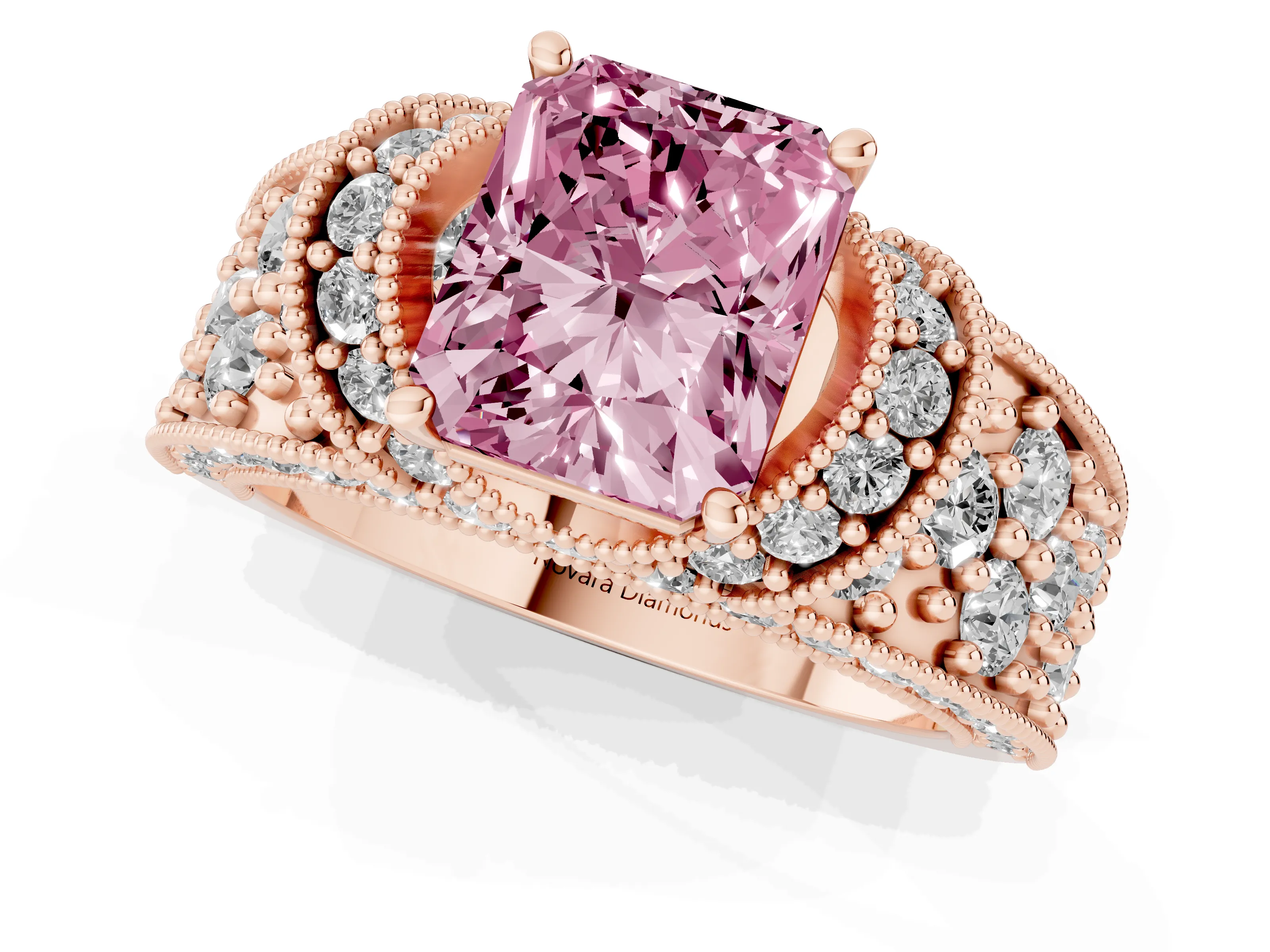 Fancy Pink Radiant Cut Diamond Milgrain Halo Pavé Engagement Ring Set in Rose gold with Prong Setting