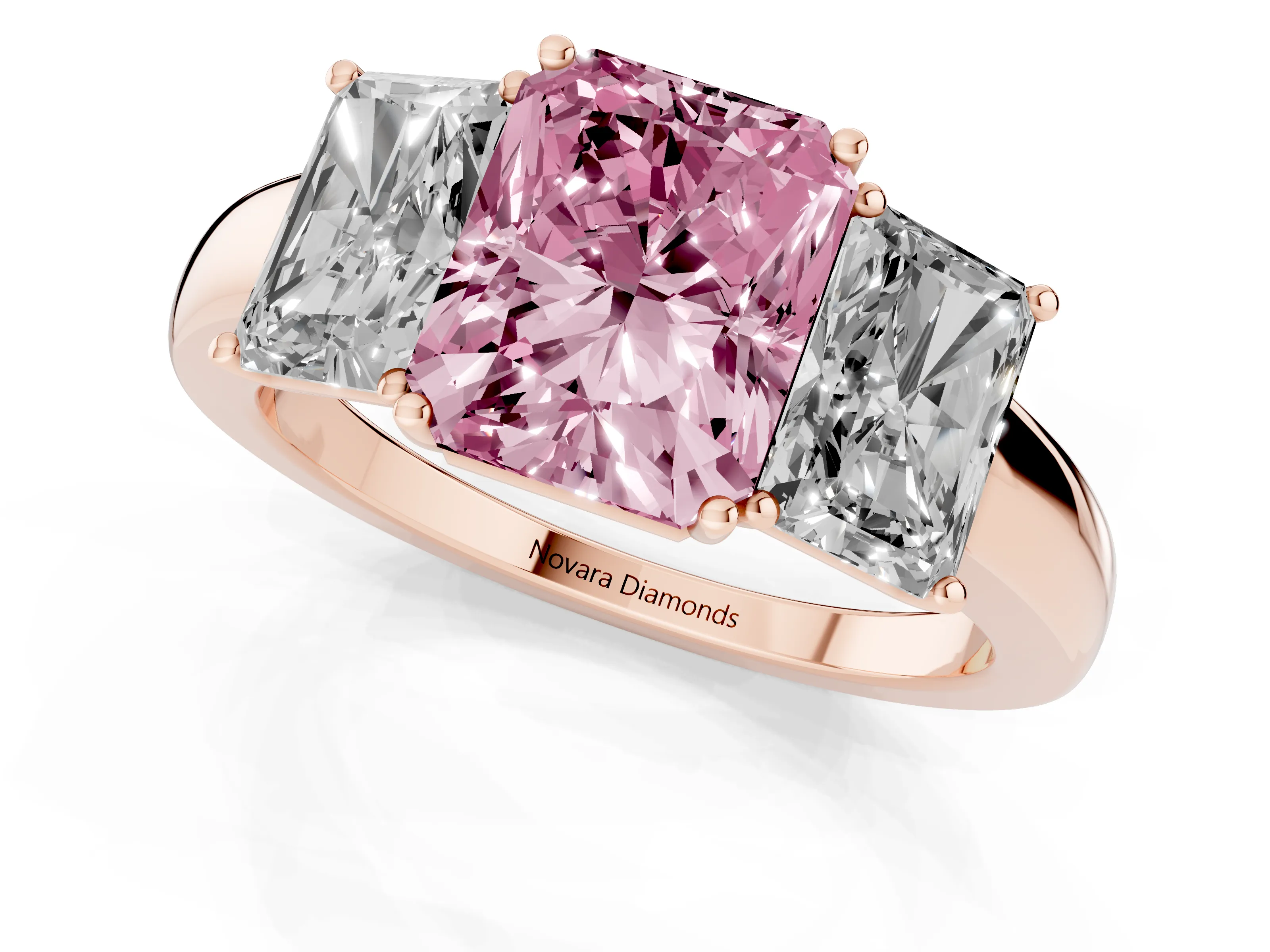 Fancy Pink Radiant Cut Diamond Three-Stone Ring Set in Rose gold with Bold Center and Classic Band