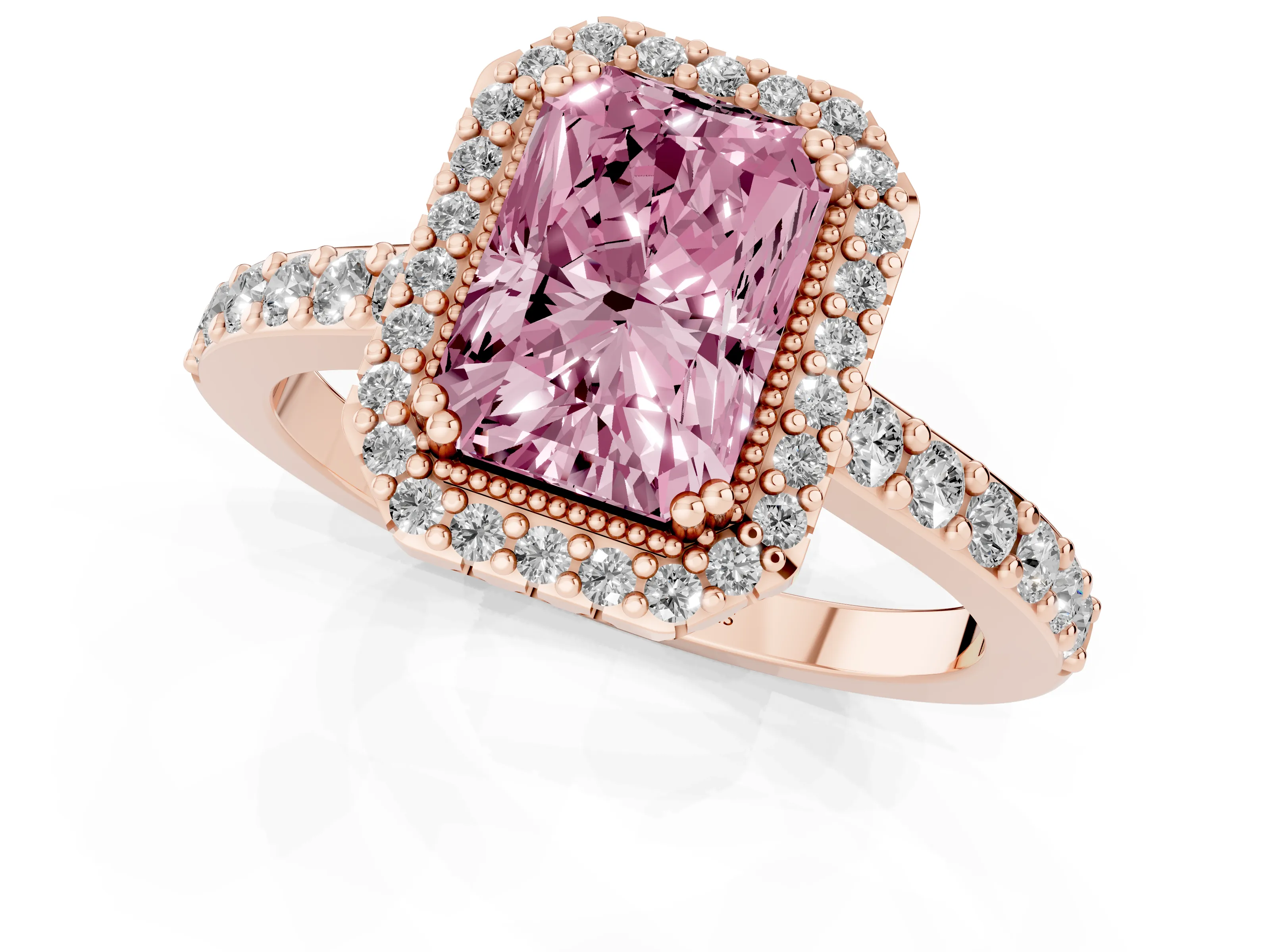 Fancy Pink Radiant Cut Diamond Halo Engagement Ring Set in Rose gold with Milgrain Detail and Pavé Band