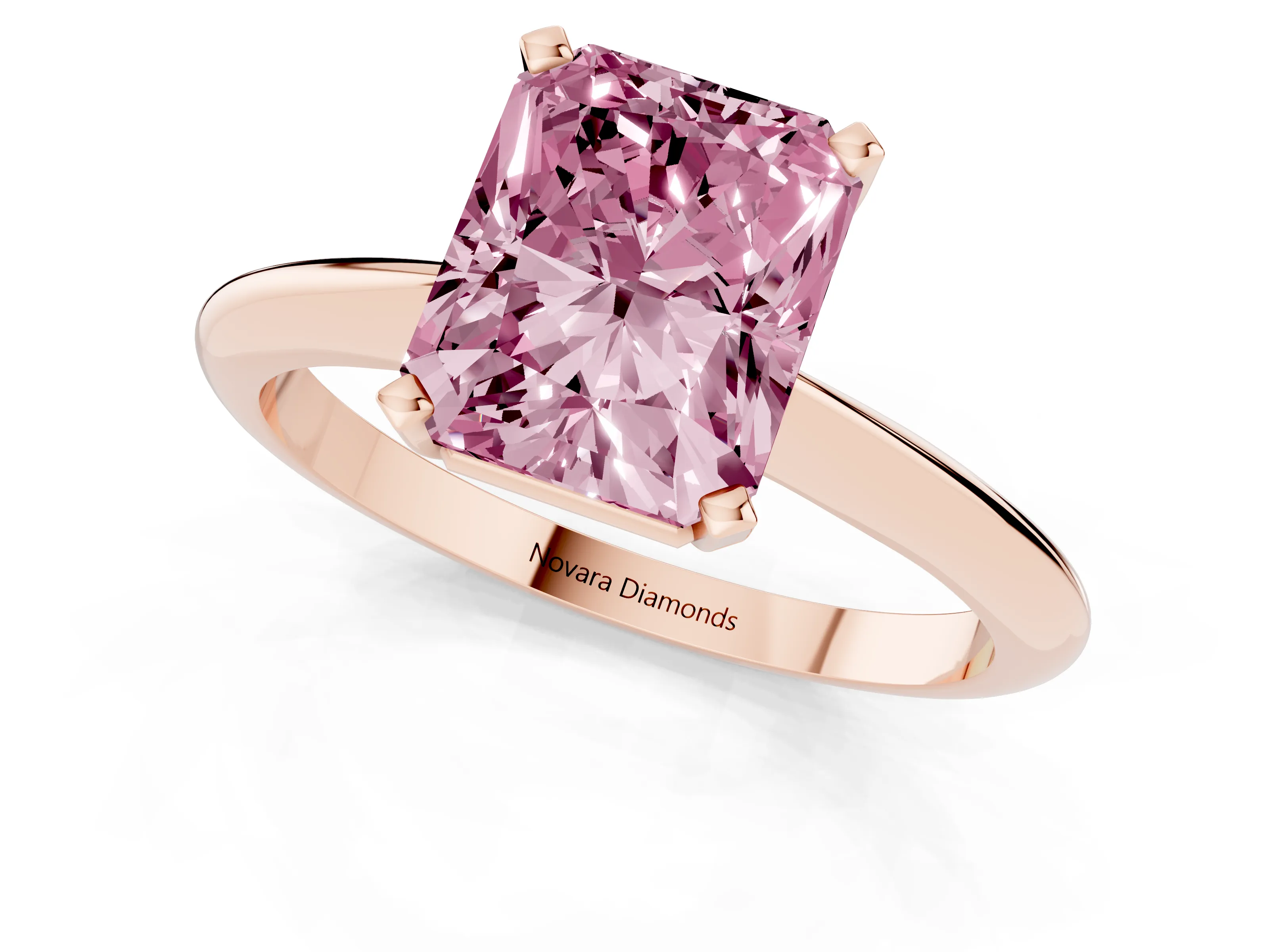 Fancy Pink Radiant Cut Diamond Solitaire Ring Set in Rose gold with Prong Setting on a Plain Round Band
