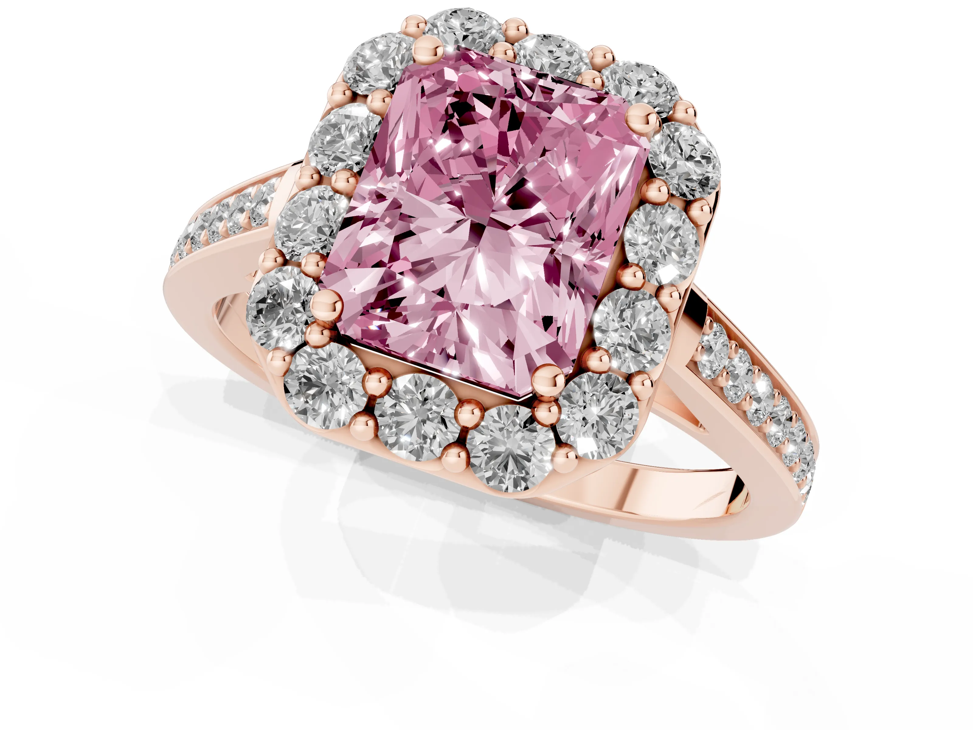 Fancy Pink Radiant Cut Diamond Floral Halo Ring Set in Rose gold with Pavé Band and Prong Setting