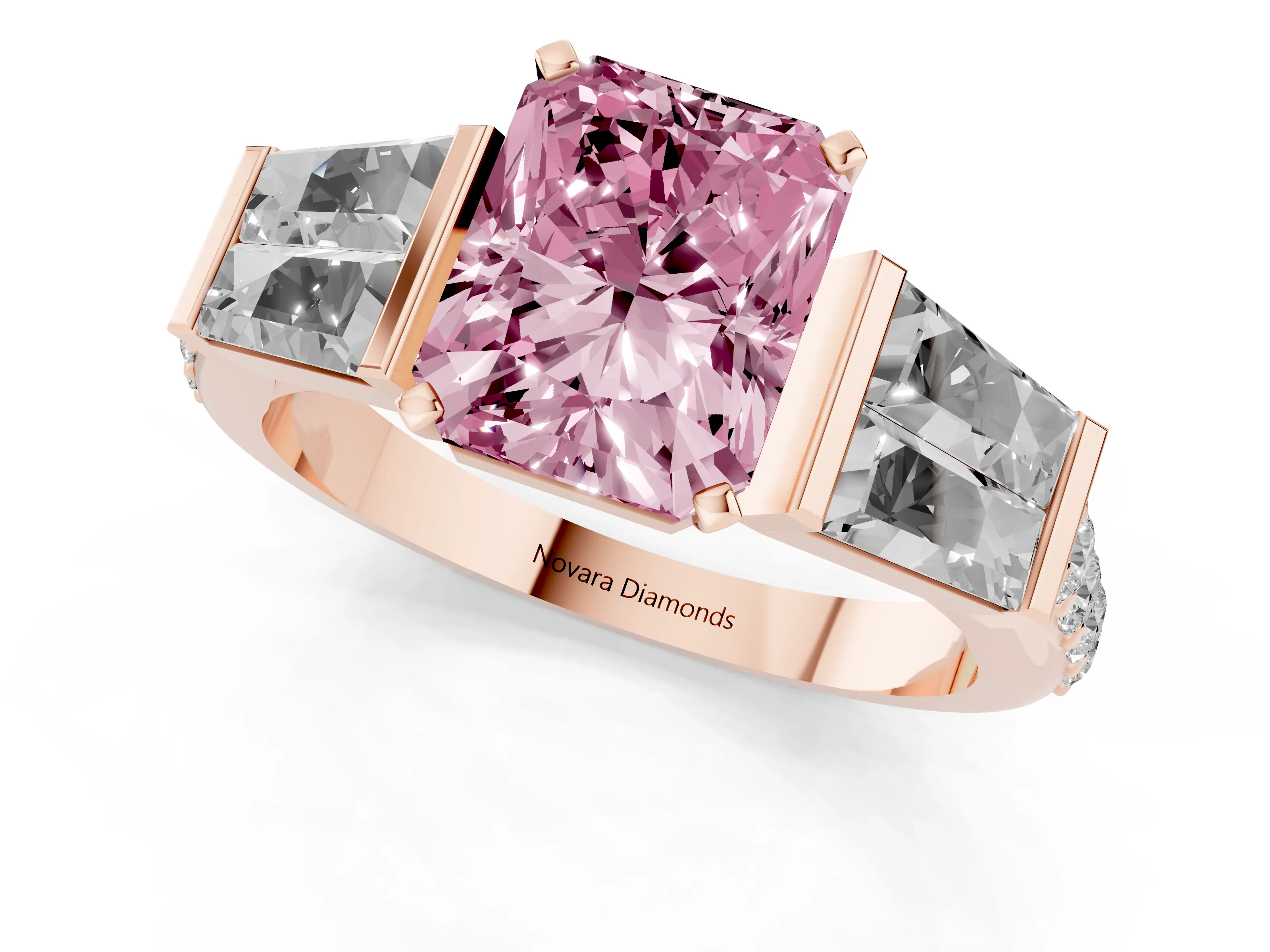 Fancy Pink Radiant Cut Diamond Engagement Ring Set in Rose gold with Baguette Side Stones and Channel Set Band