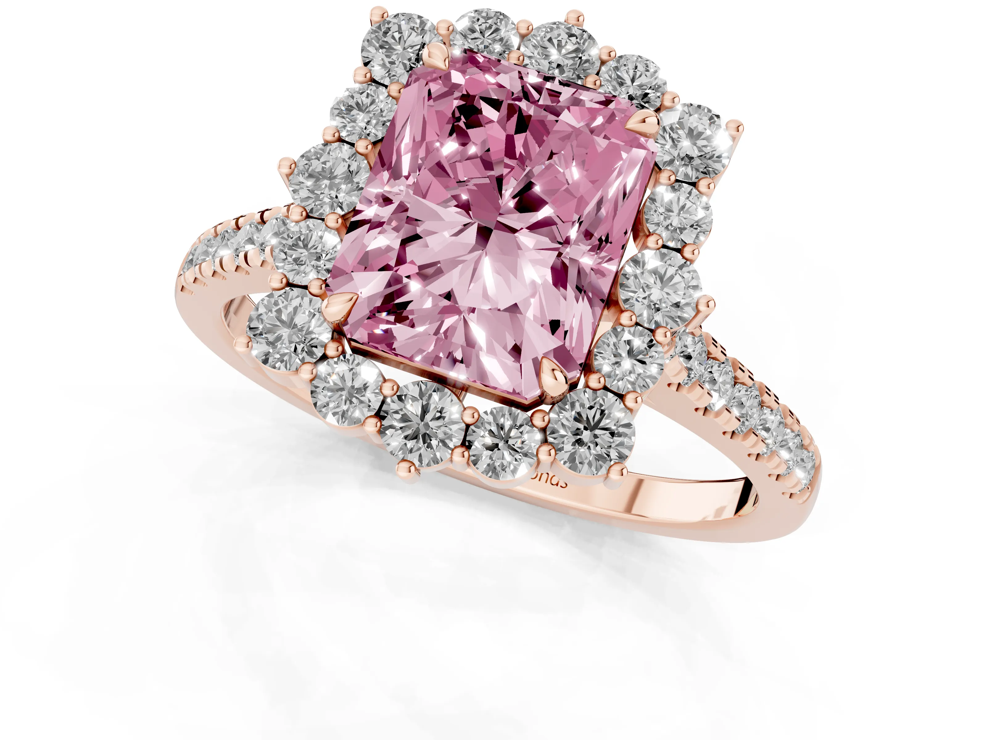 Fancy Pink Radiant Cut Diamond Halo Ring Set in Rose gold with Pavé Band and Prong Setting