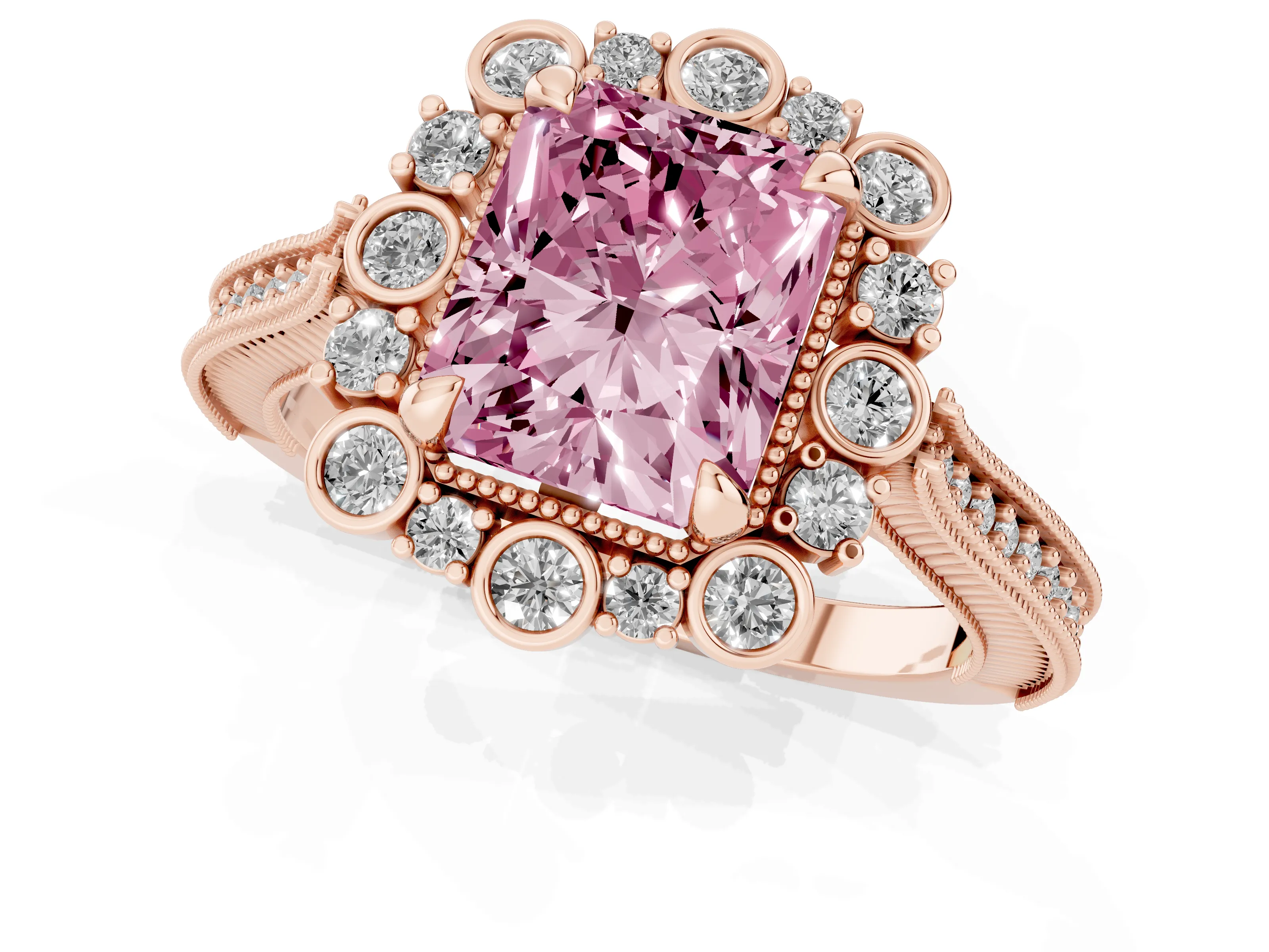 Fancy Pink Radiant Cut Diamond Halo Milgrain Pavé Ring Set in Rose gold with Prong Setting